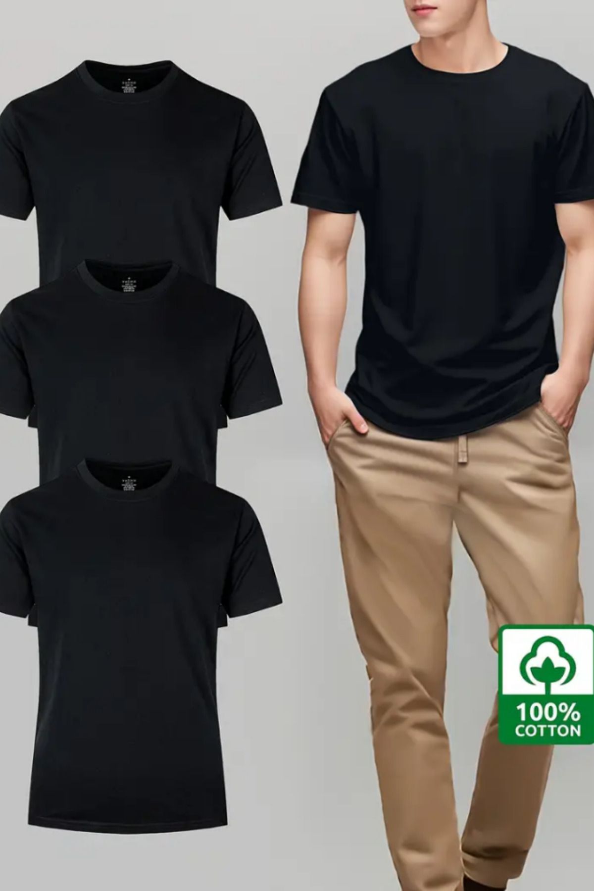 BLUE STREET Siyah Siyah Siyah 3'lü Basic Bisiklet Yaka T-shirt
