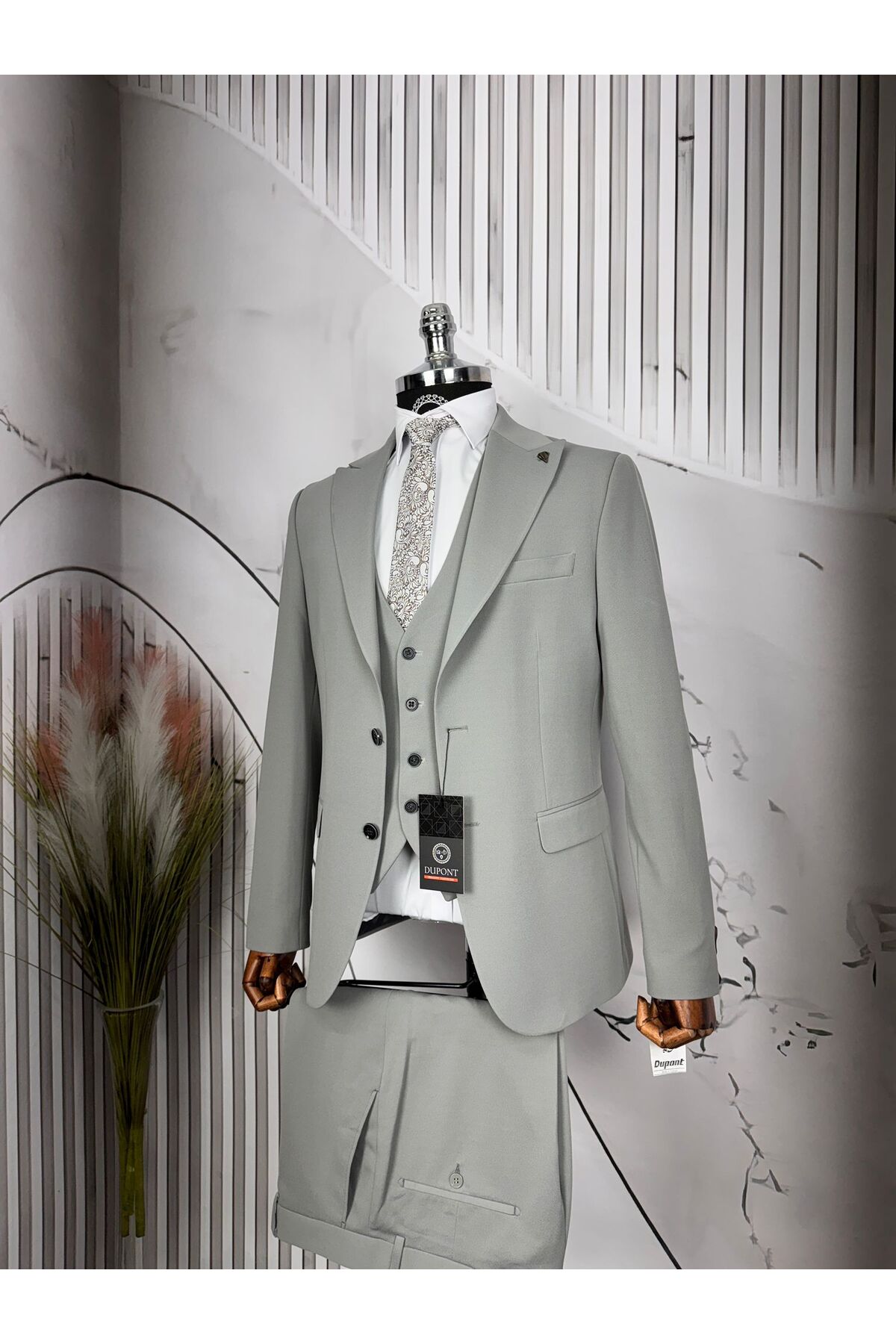 Slim Fit Çift Düğme Yelekli Takım Elbise — خاکستری 29103440 — تصویر 2 از 4
