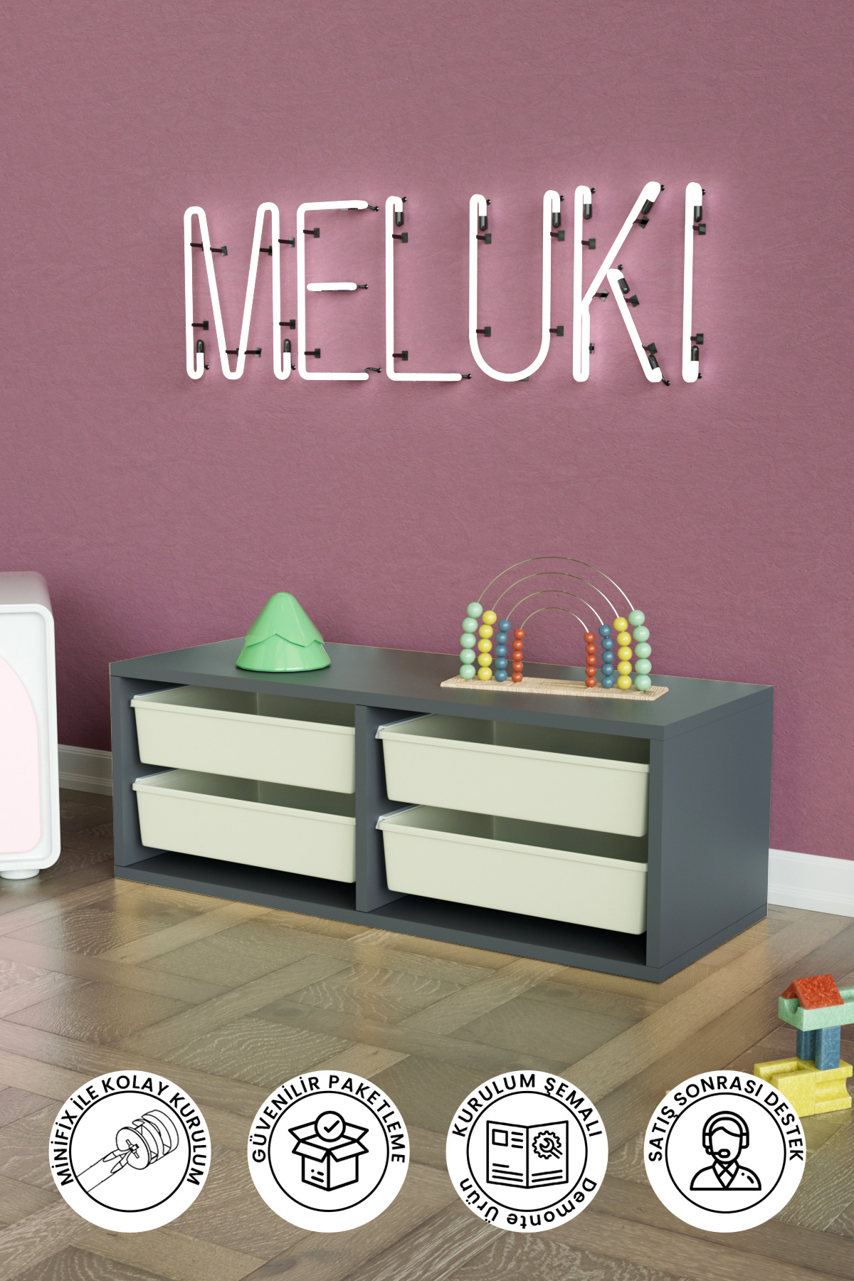 hediye kapında 4 Sepetli "Meluki" Oyuncak Dolabı Çok Amaçlı Kiler Dolabı Mutfak Banyo - Antrasit