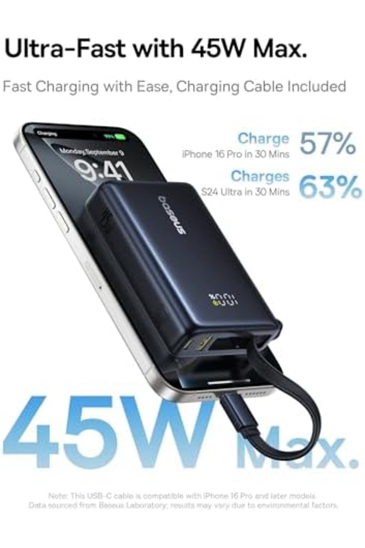 Baseus-10,000mAh Fast Charging Power Bank, 45W USB-C Cable, LED Display, 45W PD, 22.5W QC 3.0, for i 4