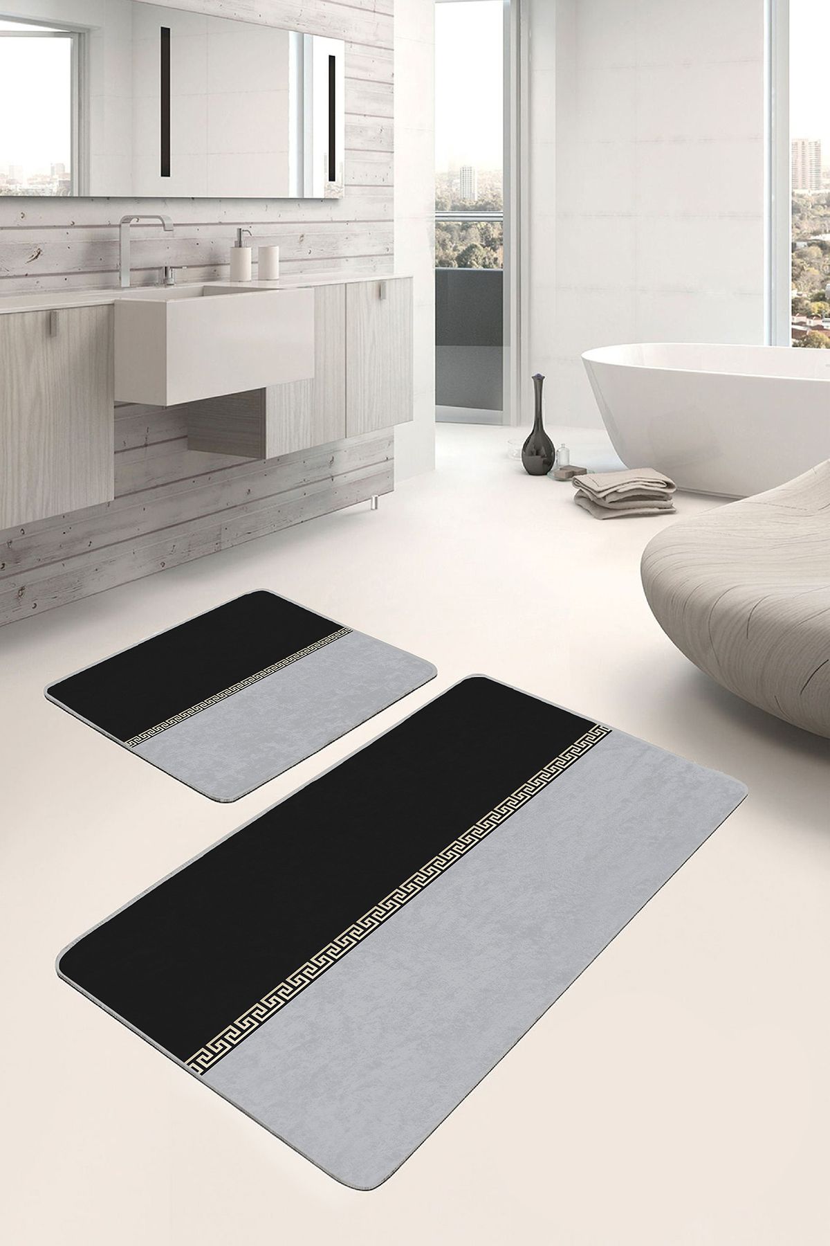 Realhomes Gold - Siyah Zeminde Geometrik Motifli Klasik Geometrik Sade & Şık 2'li Banyo & Mutfak Paspas Takımı