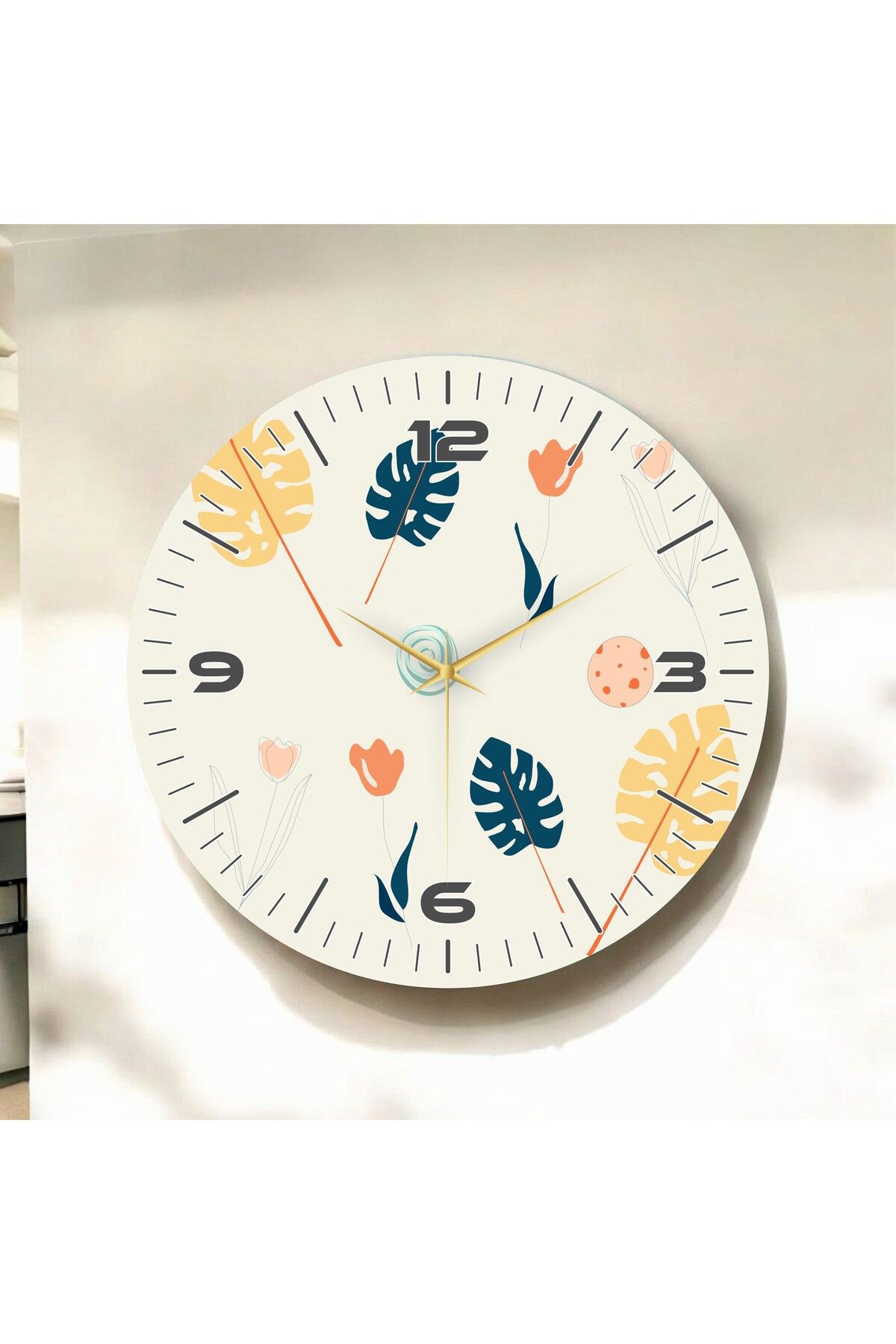 AA Shop Beyaz Renkli Baskı Yaprak Desenli Sayılı Hediyelik Ahşap Sessiz Duvar Saati 50cm