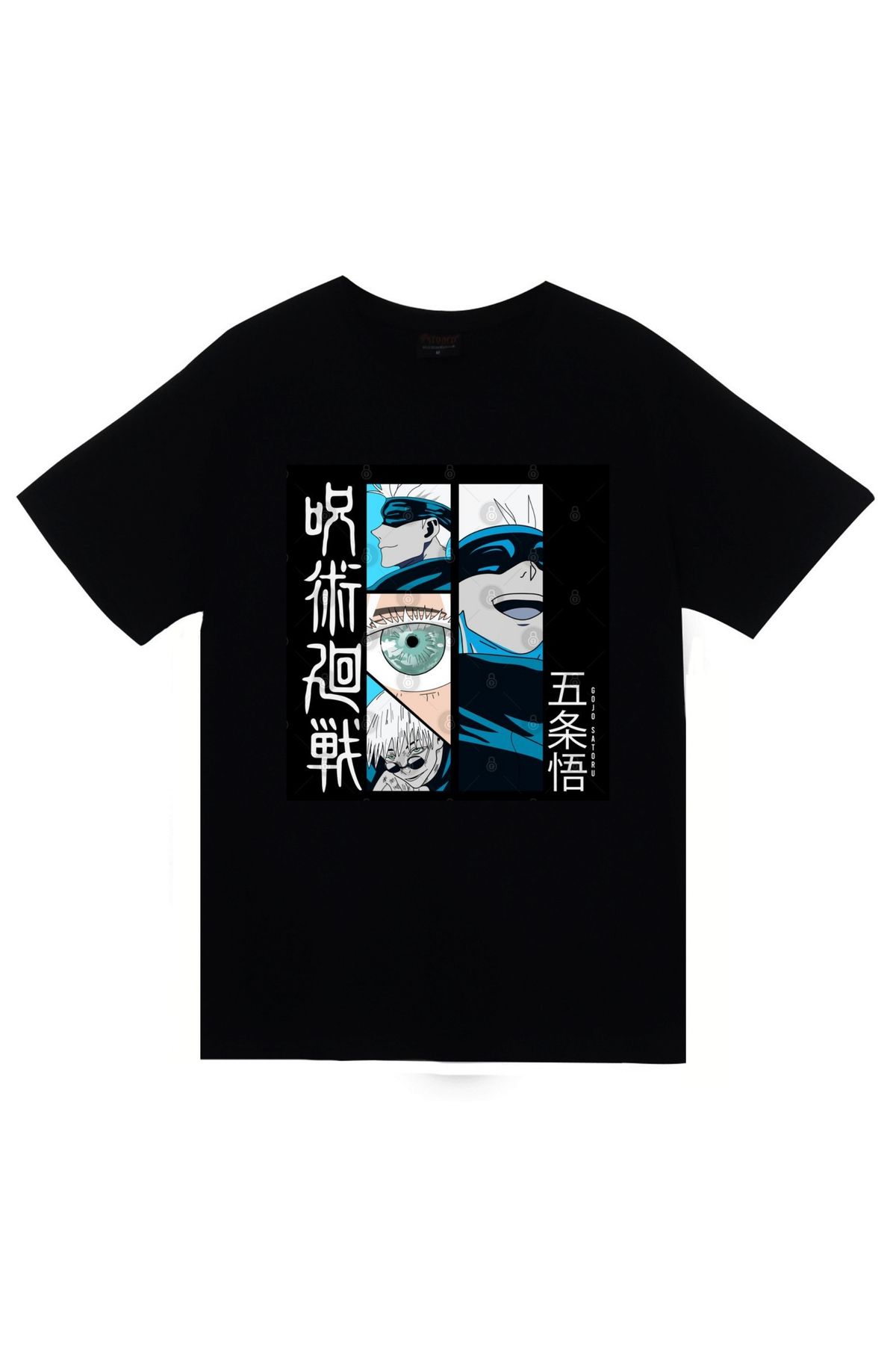 fame-stoned Jujutsu Kaisen Satoru Gojo Anime Baskılı Unisex %100 Pamuk Siyah T-shirt