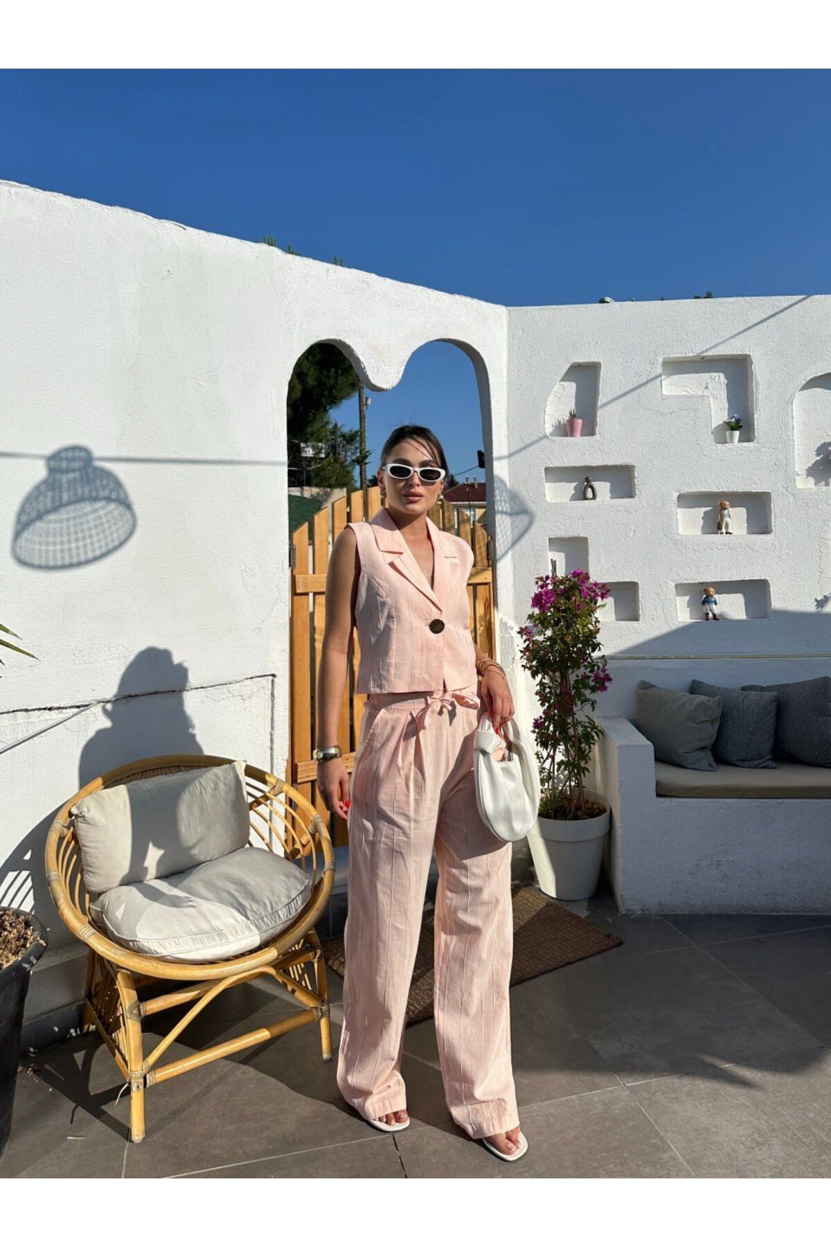 AsprinFashion Tek Düğmeli Yelek Pantolon Takım pembe
