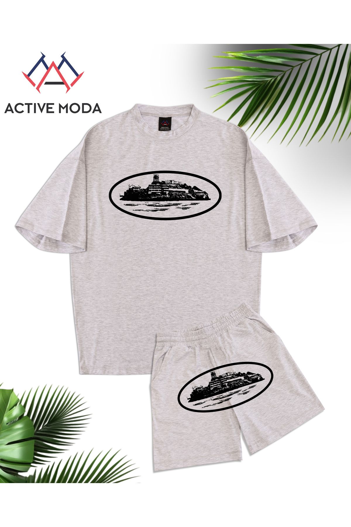 ACTIVE MODA - ERKEK KISA KOLLU PAMUKLU TSHIRT-ŞORT 2Lİ TAKIM OVERSİZE GRİ RENK