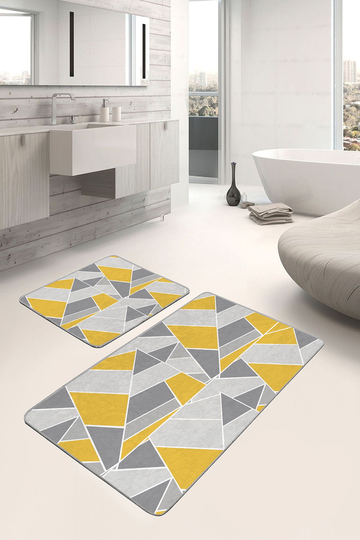 Realhomes 2'li Set Gri - Sarı Zeminde Klasik Motifli Geometrik Geometrik Klasik 2'li Banyo Paspas Takımı