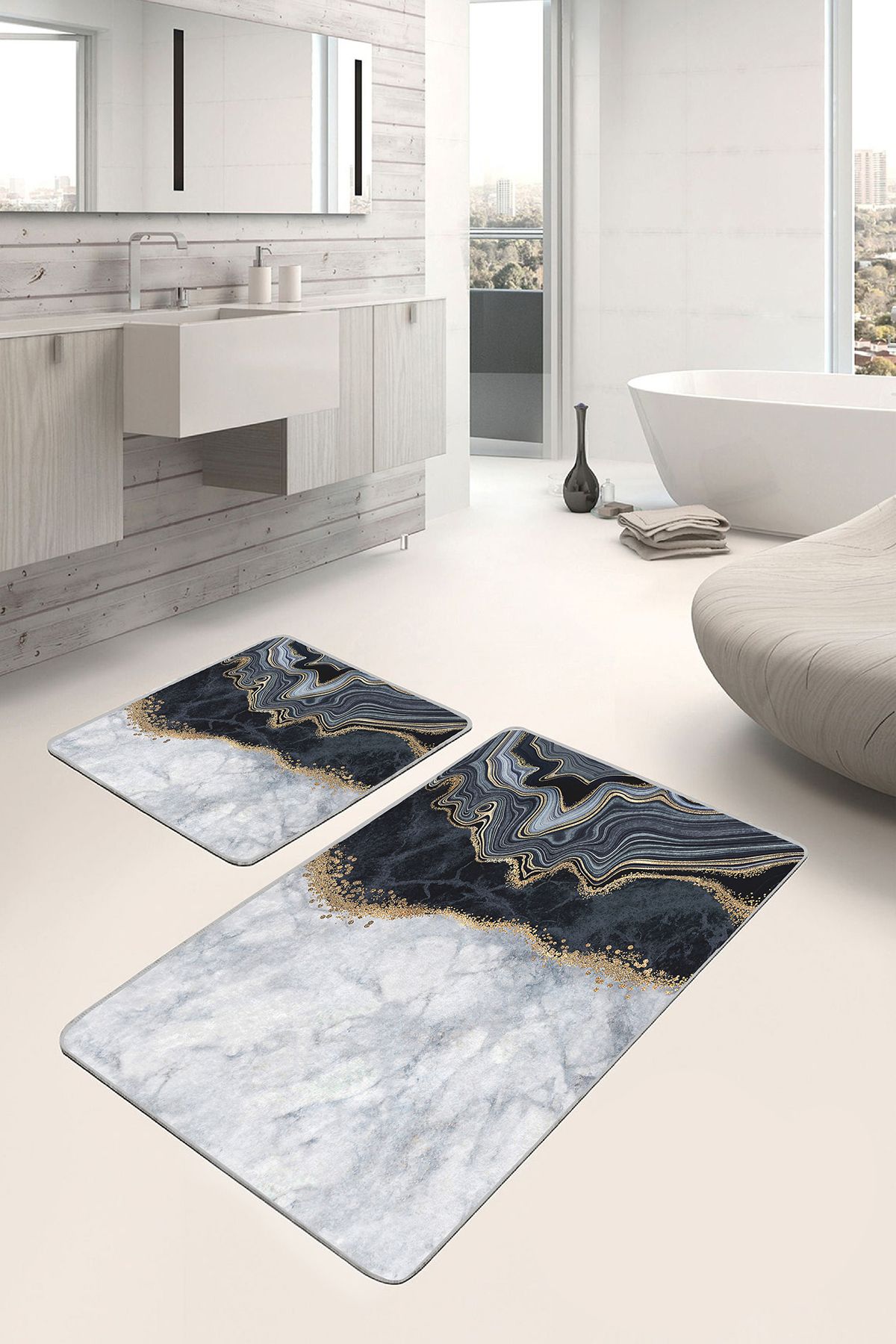 Realhomes 2'li Set Gold - Gri Zeminde Mermer Motifli Klasik Desenli Sade & Şık Modern 2'li Banyo Paspas Takımı