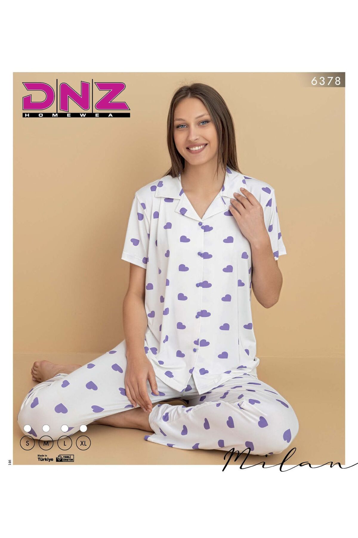 Dnz Kadın kalp desenli lila renkli Pamuklu düğmeli pijama takımı