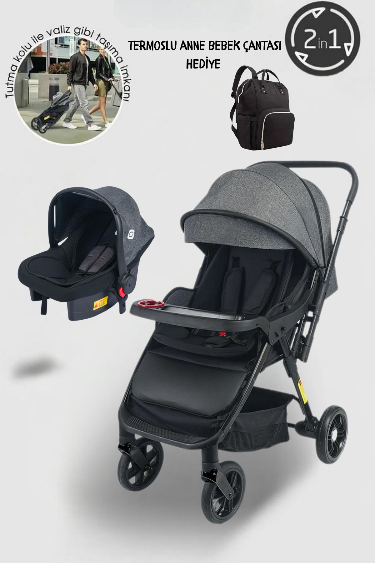 mamie QUARD LÜKS MAMA TABLALI TRAVEL SİSTEM BEBEK ARABASI & PUSET & TERMOSLU BEBEK BAKIM ÇANTASI -3LÜ SET
