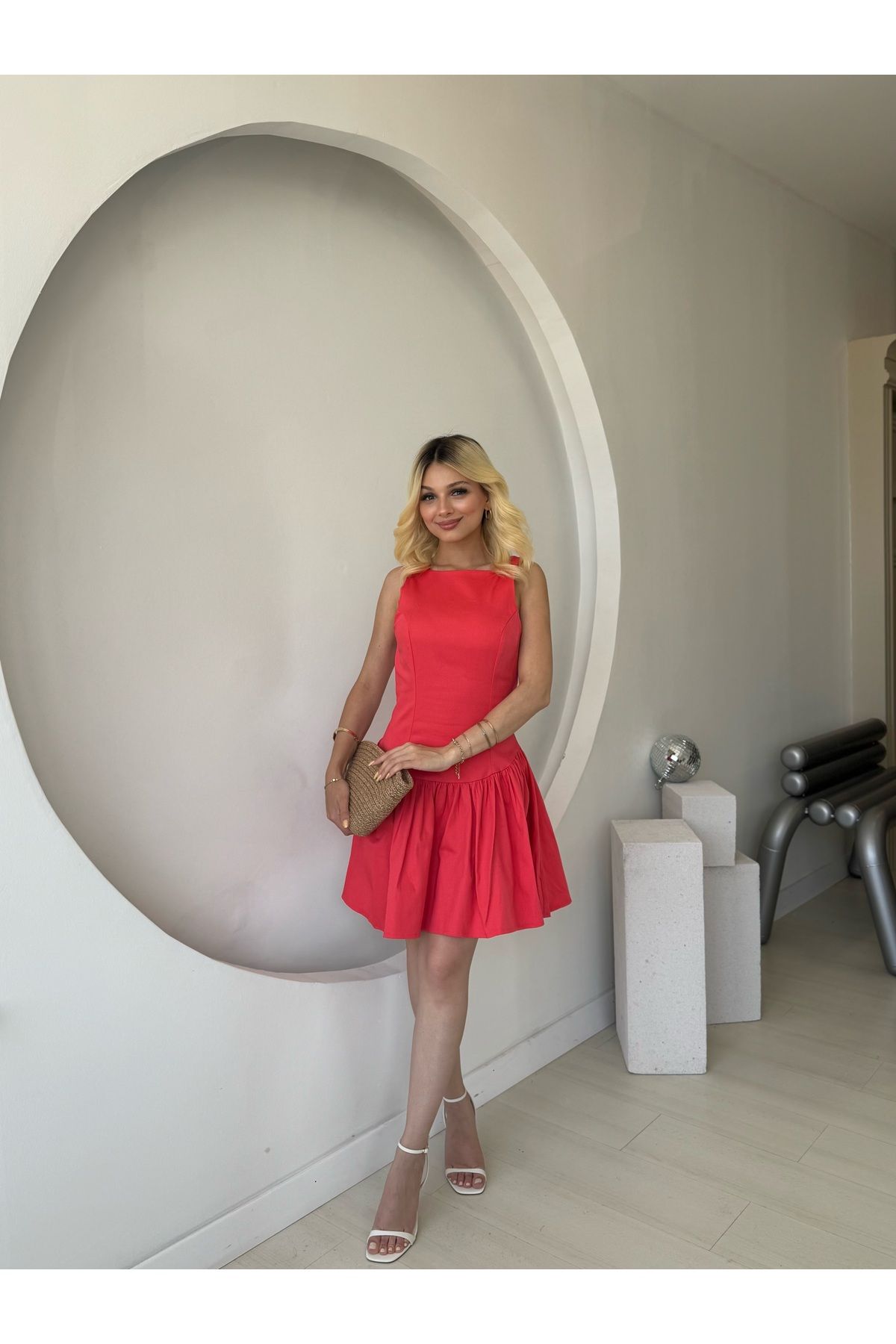 FEHUBLOOM Nar Çiçeği Büzgülü Mini Elbise