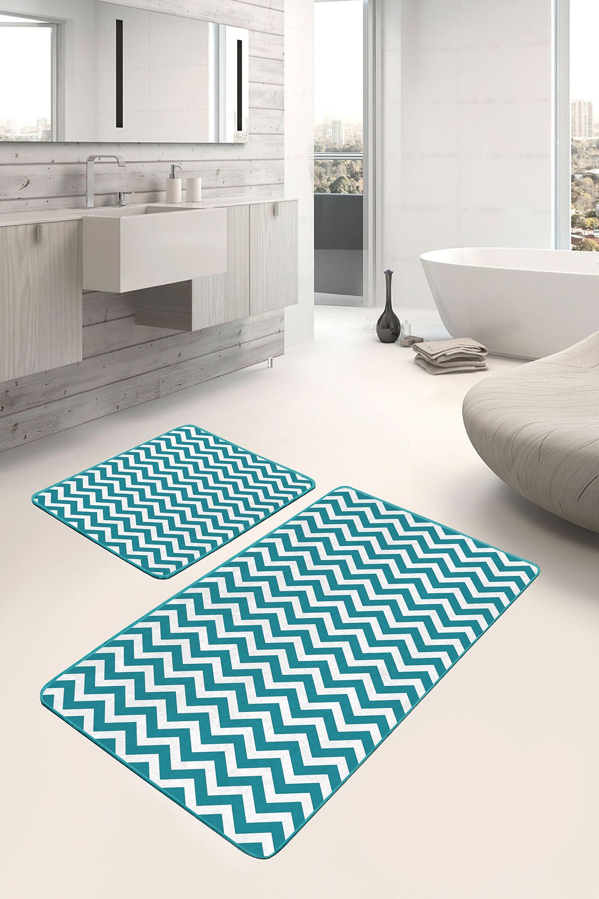 Realhomes 2'li Set Turkuaz Zeminde Zikzak Motifli Geometrik Desenli Geometrik Klasik 2'li Banyo Paspas Takımı