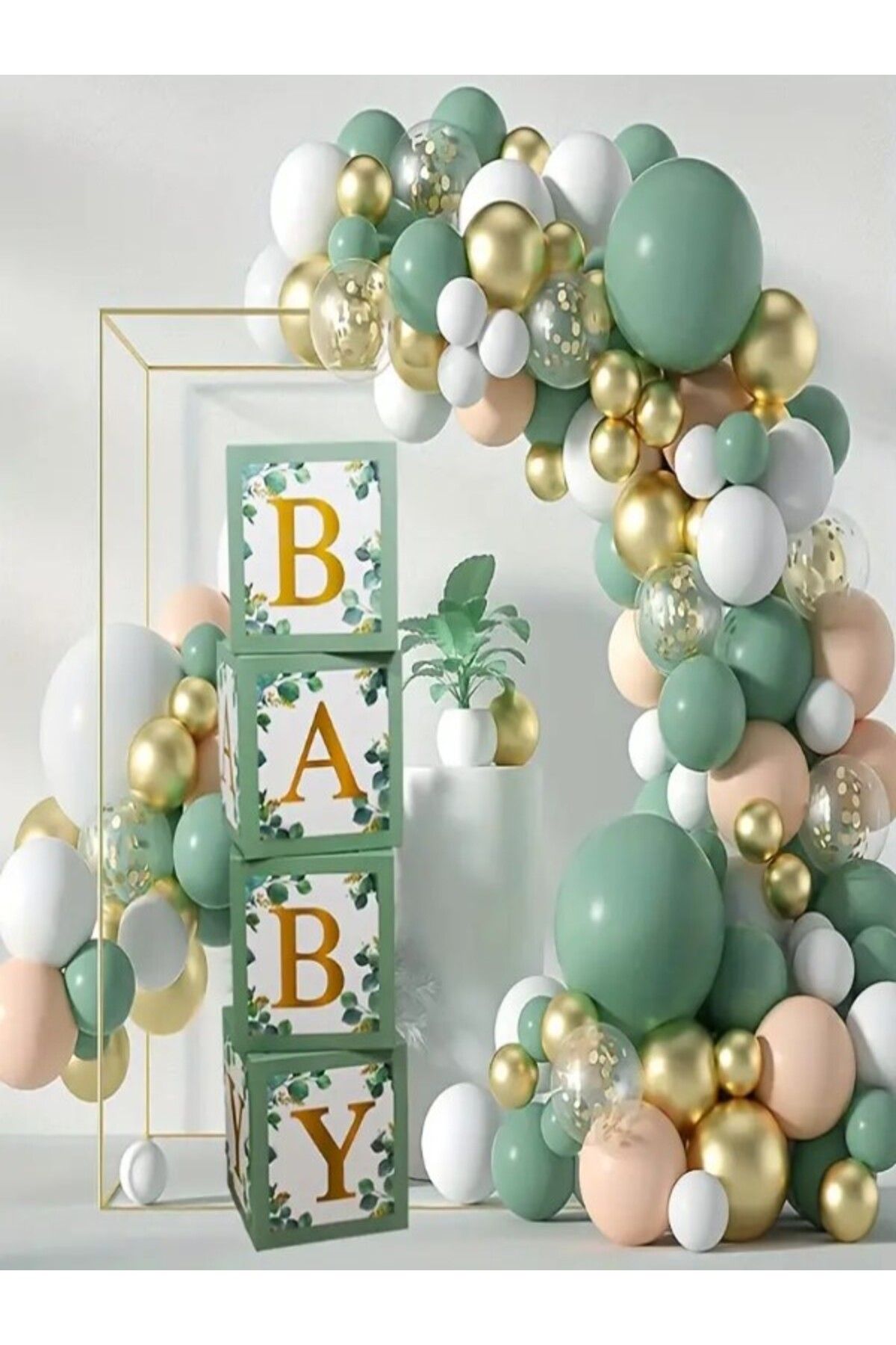 party mix Yeşil Altın Beyaz Balon Zinciri Seti + Baby Kutuları | Baby Shower Doğum Günü Süsleri