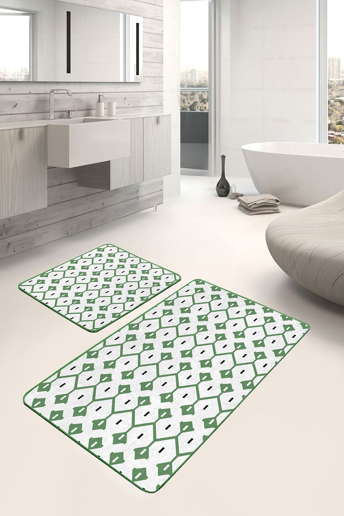 Realhomes 2'li Set Yeşil Zeminde Geleneksel Motifli Iskandinav Geometrik Klasik 2'li Banyo Paspas Takımı
