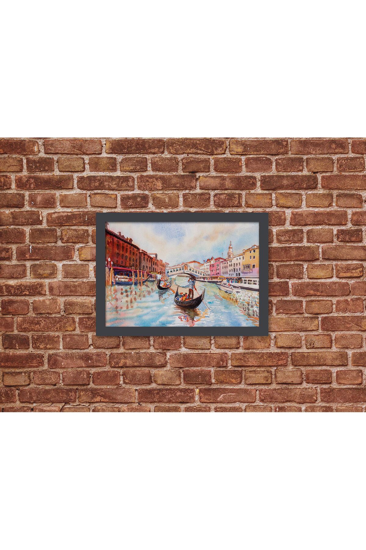 Letbil Reklam Ahşap Kendinden Çerçeveli Tablo - Venedik Kanalı Turist Gezi Tablosu, Standart - 20x28cm