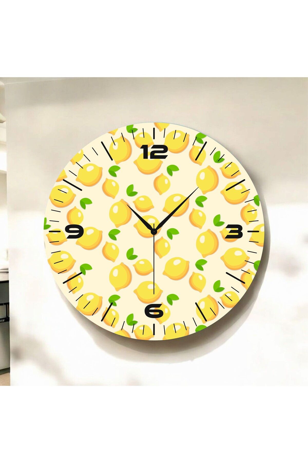 AA Shop Sarı Renkli Baskı Limon Desenli Sayılı Hediyelik Ahşap Sessiz Duvar Saati 50cm