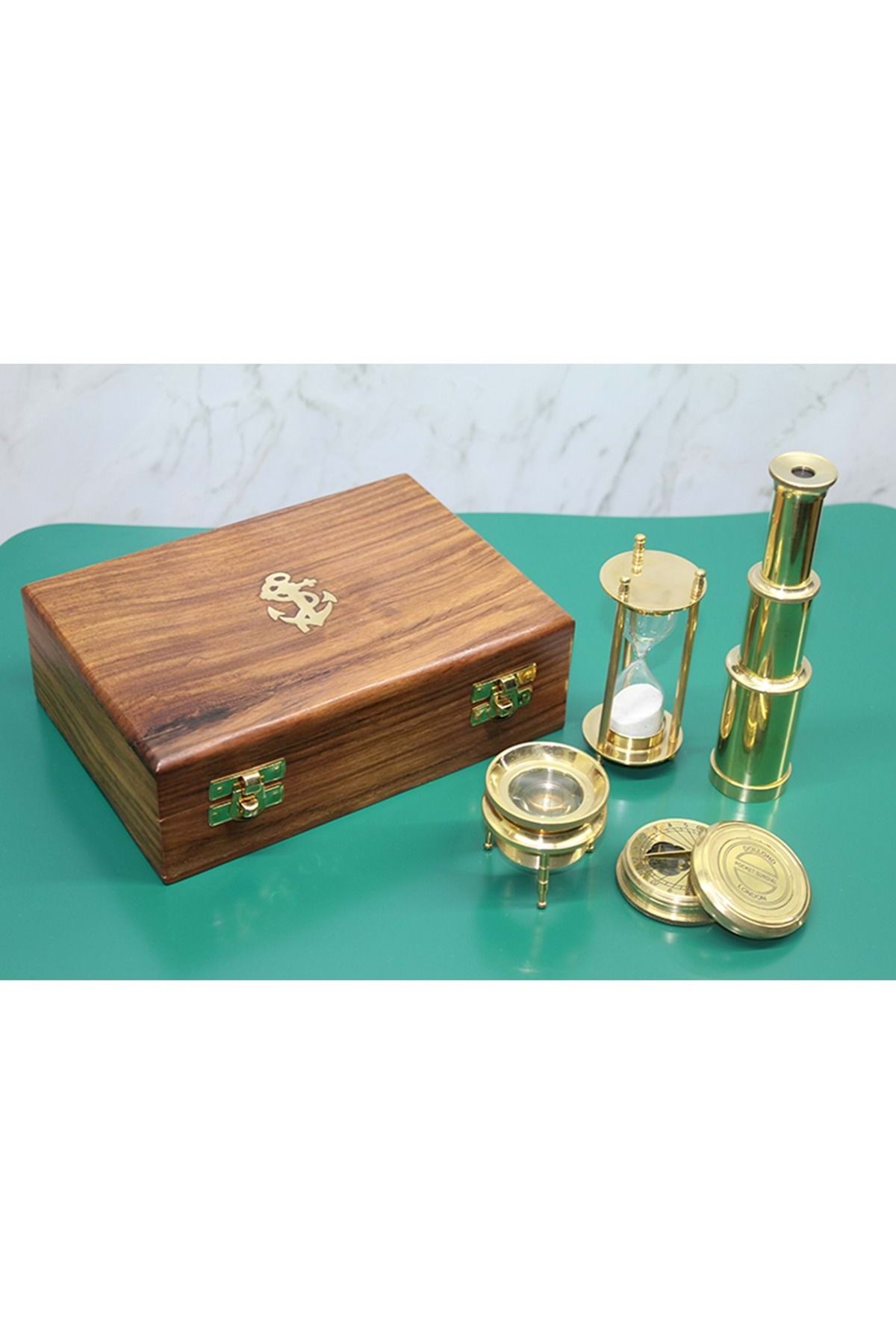 Store Ahşap Kutulu Dürbün, Kum Saati, Büyüteç, Pusula Seti 19*6 Cm