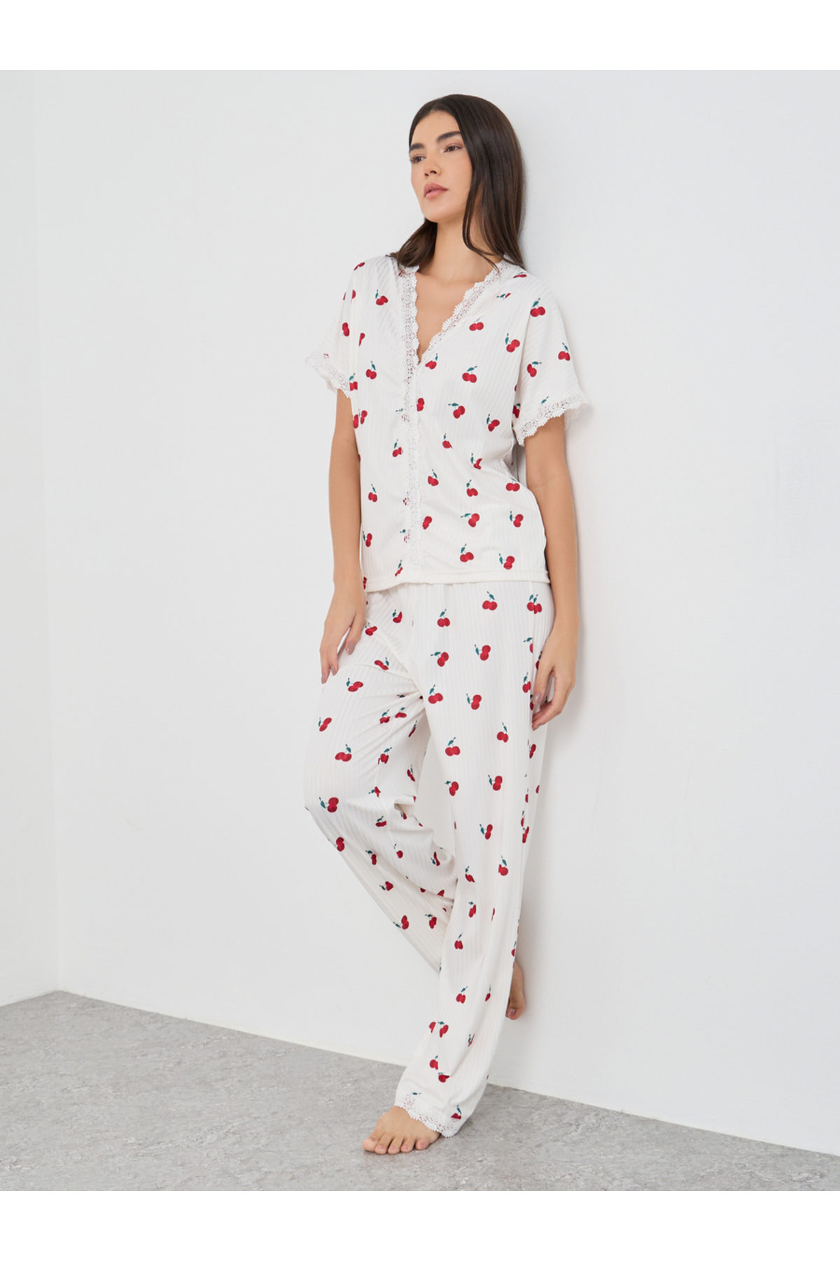 Styli Cherry Print V Neck T-Shirt and Pyjama Set