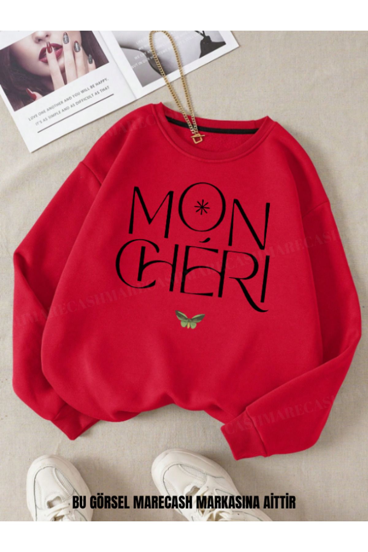 MARECASH Mon Cheri Baskılı Unisex Bisiklet Yaka Sweatshirt 3 İplik Kışlık