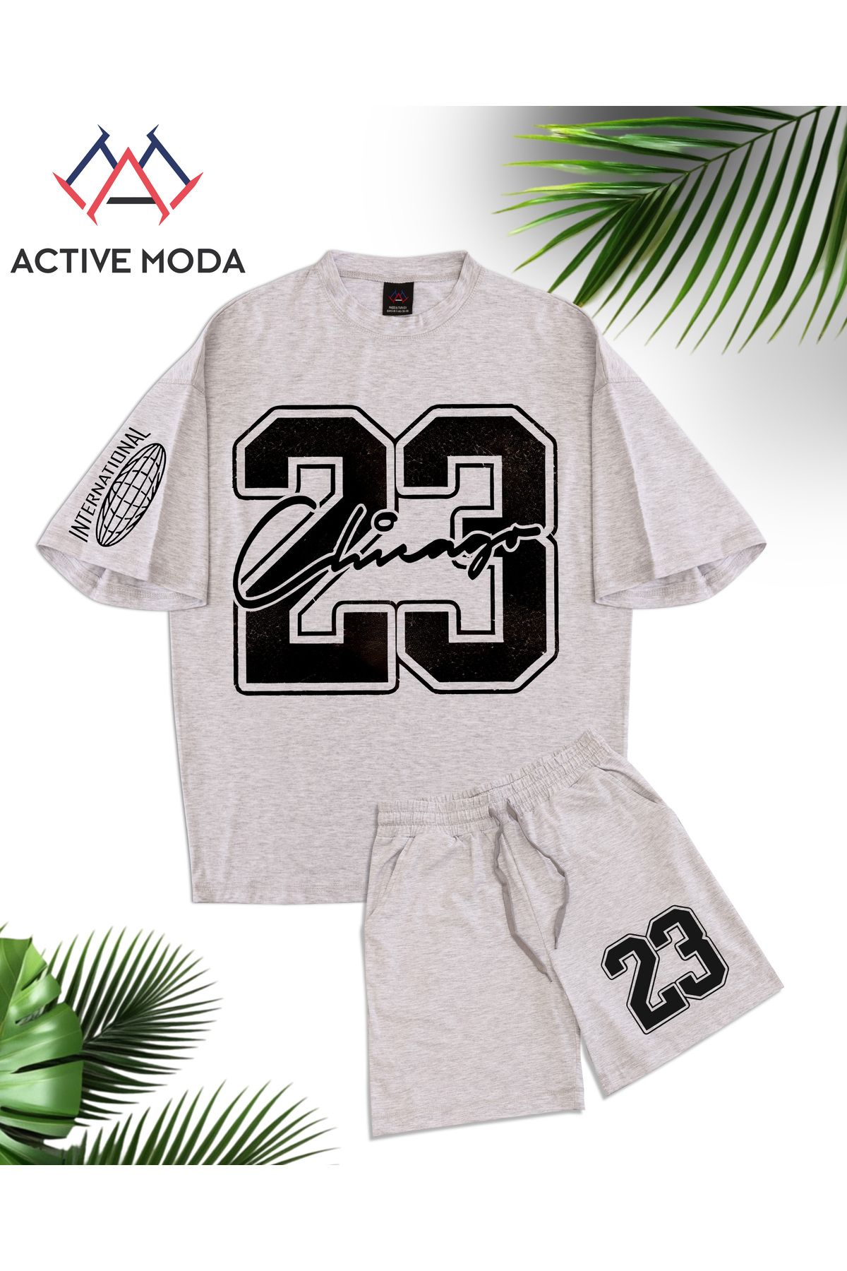 ACTIVE MODA - ERKEK KISA KOLLU PAMUKLU TSHIRT-ŞORT 2Lİ TAKIM OVERSİZE GRİ RENK