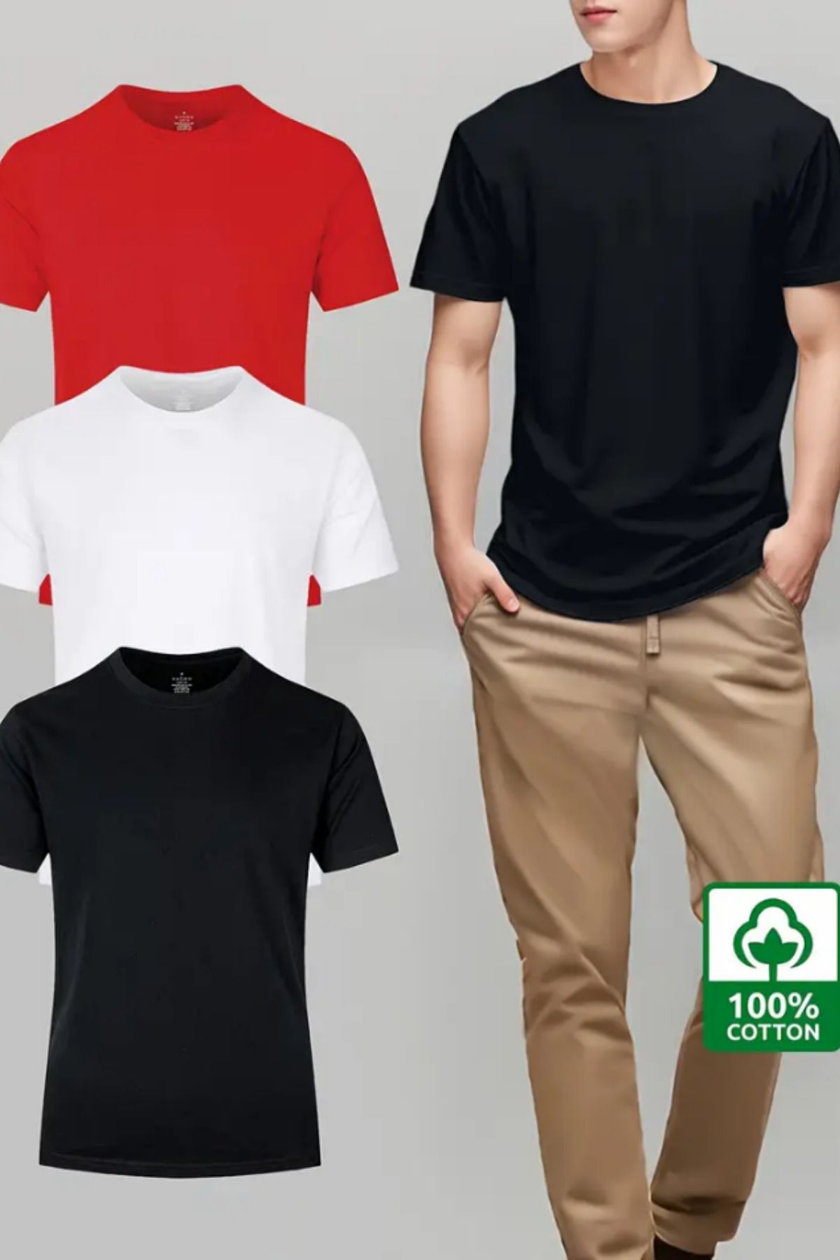 COOL TARZ Beyaz Siyah Kırmızı 3'lü Basic Bisiklet Yaka T-shirt