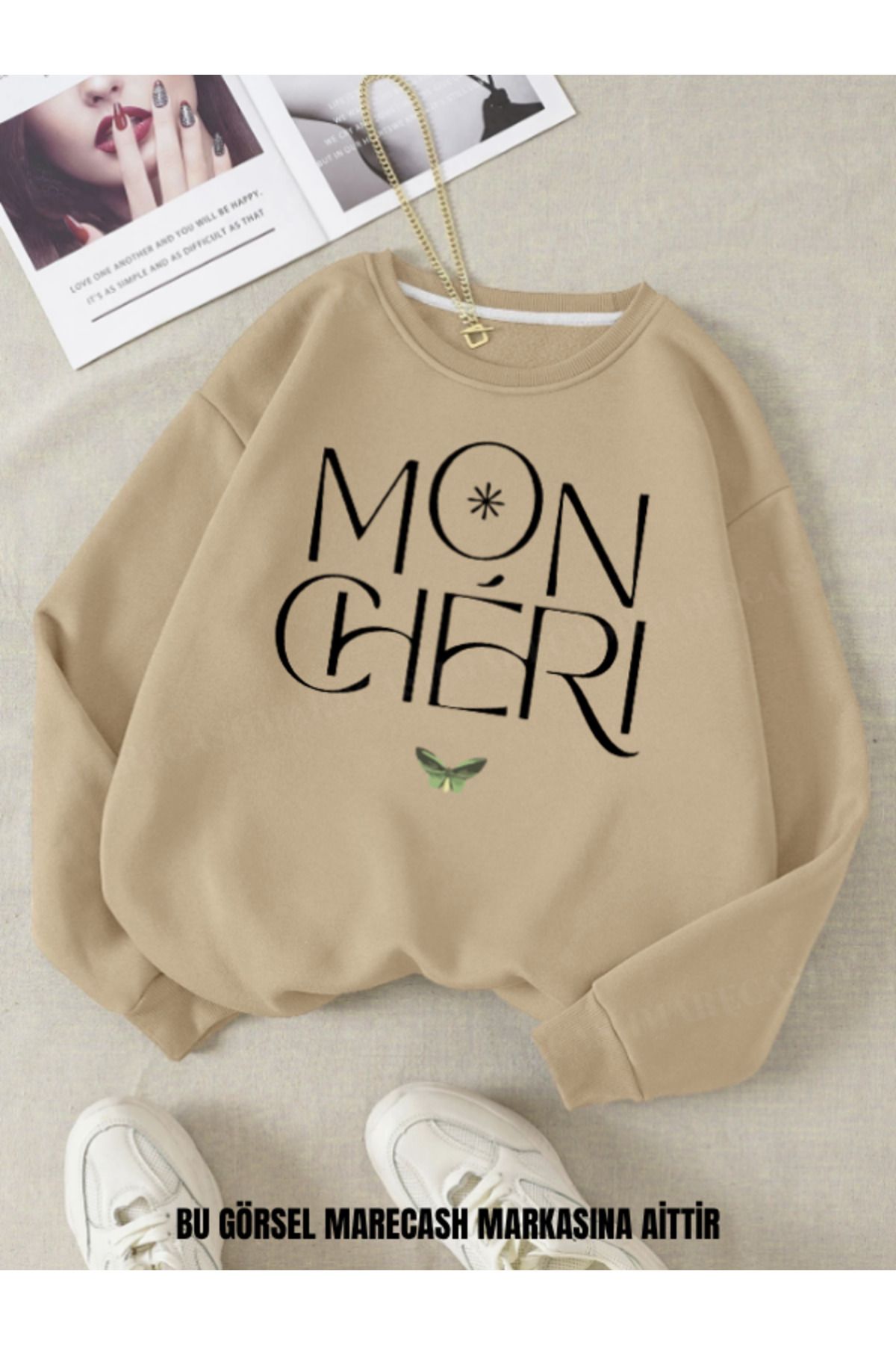 MARECASH Mon Cheri Baskılı Unisex Bisiklet Yaka Sweatshirt 3 İplik Kışlık