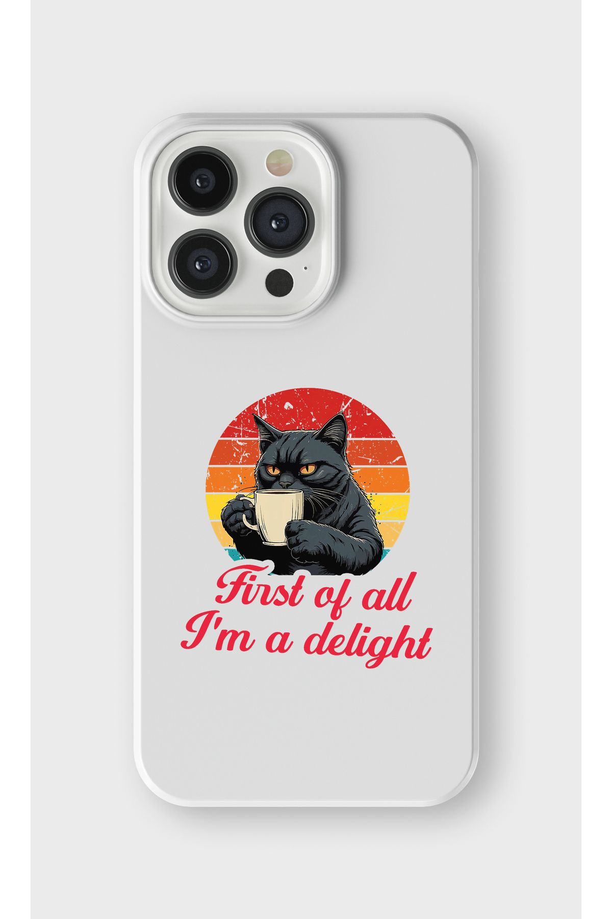 lelia iPhone 13 Pro Uyumlu Kahve İçen Kedi Tasarımlı İçi Kadife Lansman Beyaz Silikon Kılıf