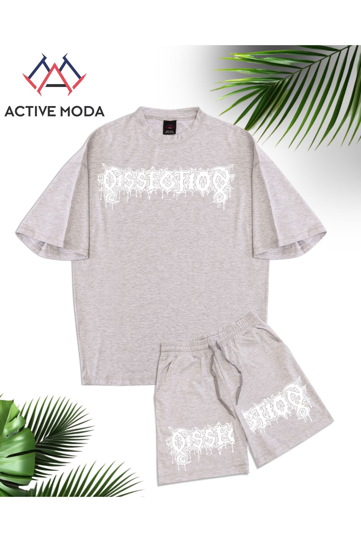 ACTIVE MODA - ERKEK KISA KOLLU PAMUKLU TSHIRT-ŞORT 2Lİ TAKIM OVERSİZE GRİ RENK