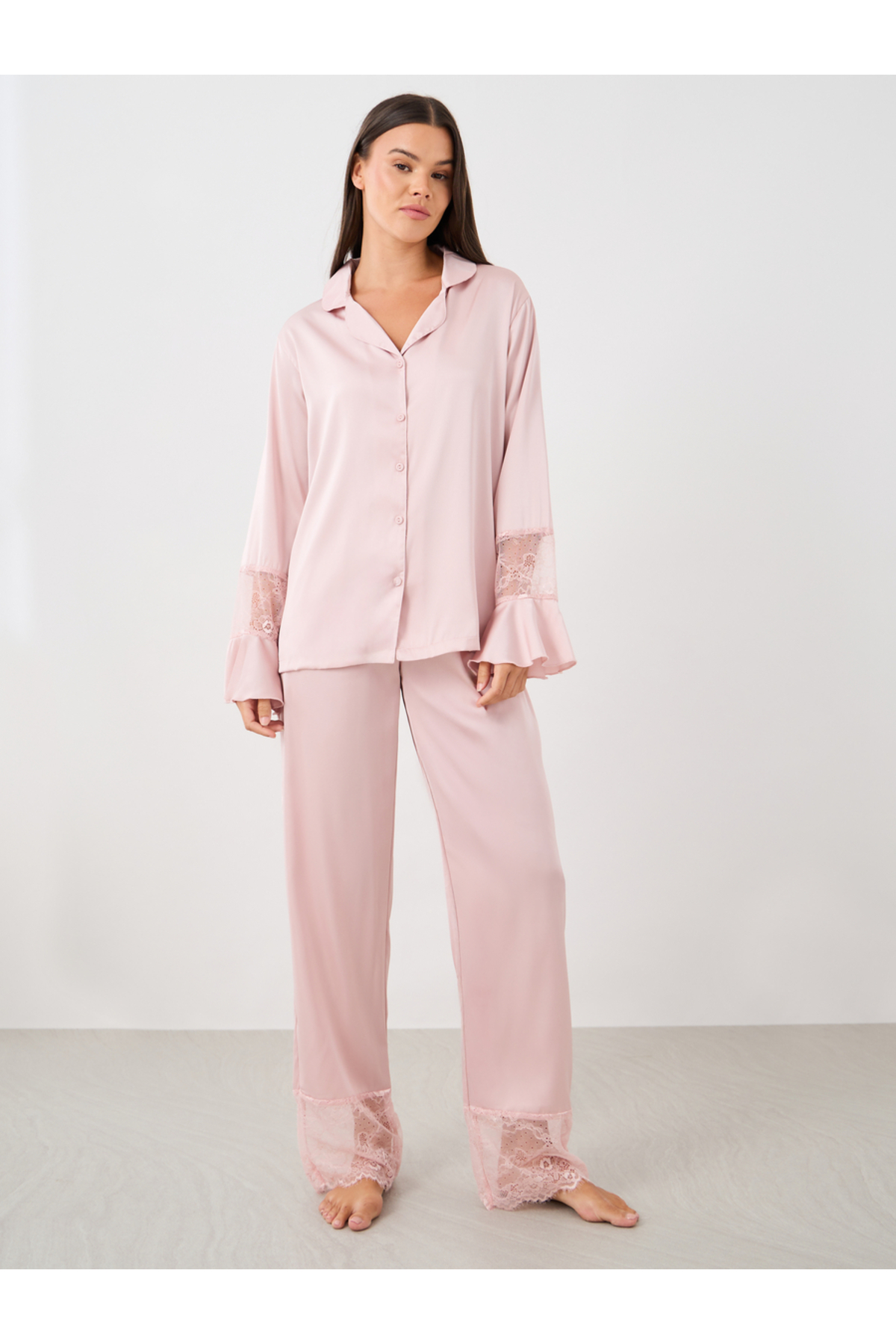 Styli Satin Lace Detail Shirt and Pyjama Set