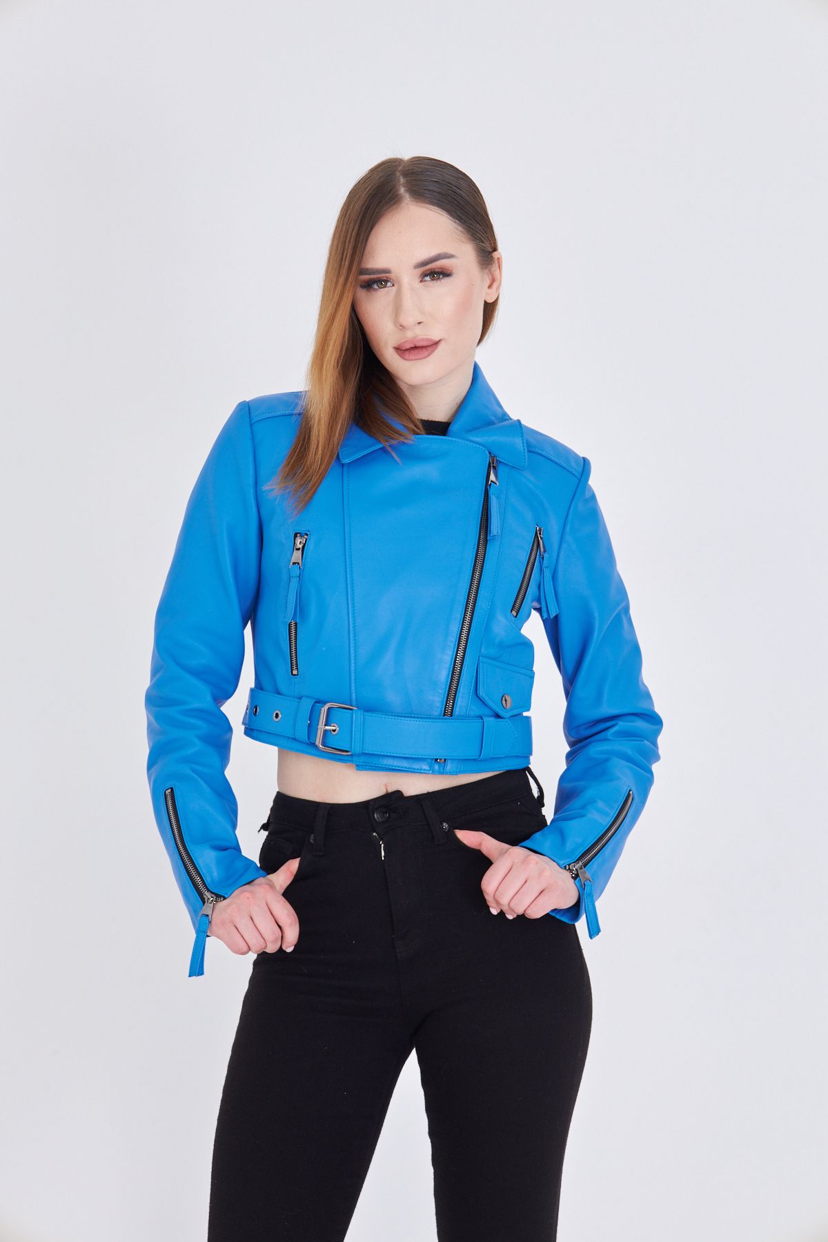 By Marki Marki Kadın Mavi Hakiki Deri Crop Ceket – Biker Stil, Kruvaze Yaka, Kemerli, 52 cm - 117622