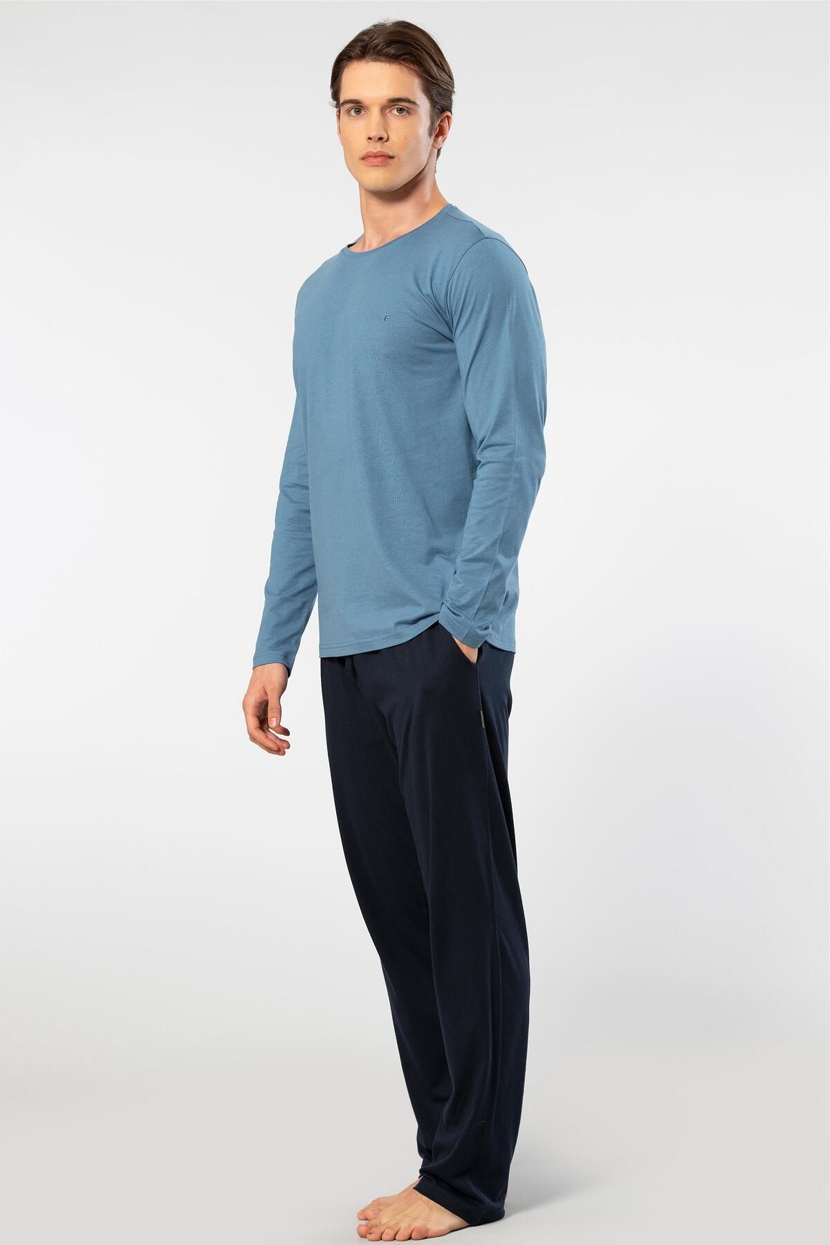 Cacharel Erkek Yuvarlak Yaka Uzunkol Pijama Takım, %50 Modal, %50 Pamuk Alt Pijama ceplidir