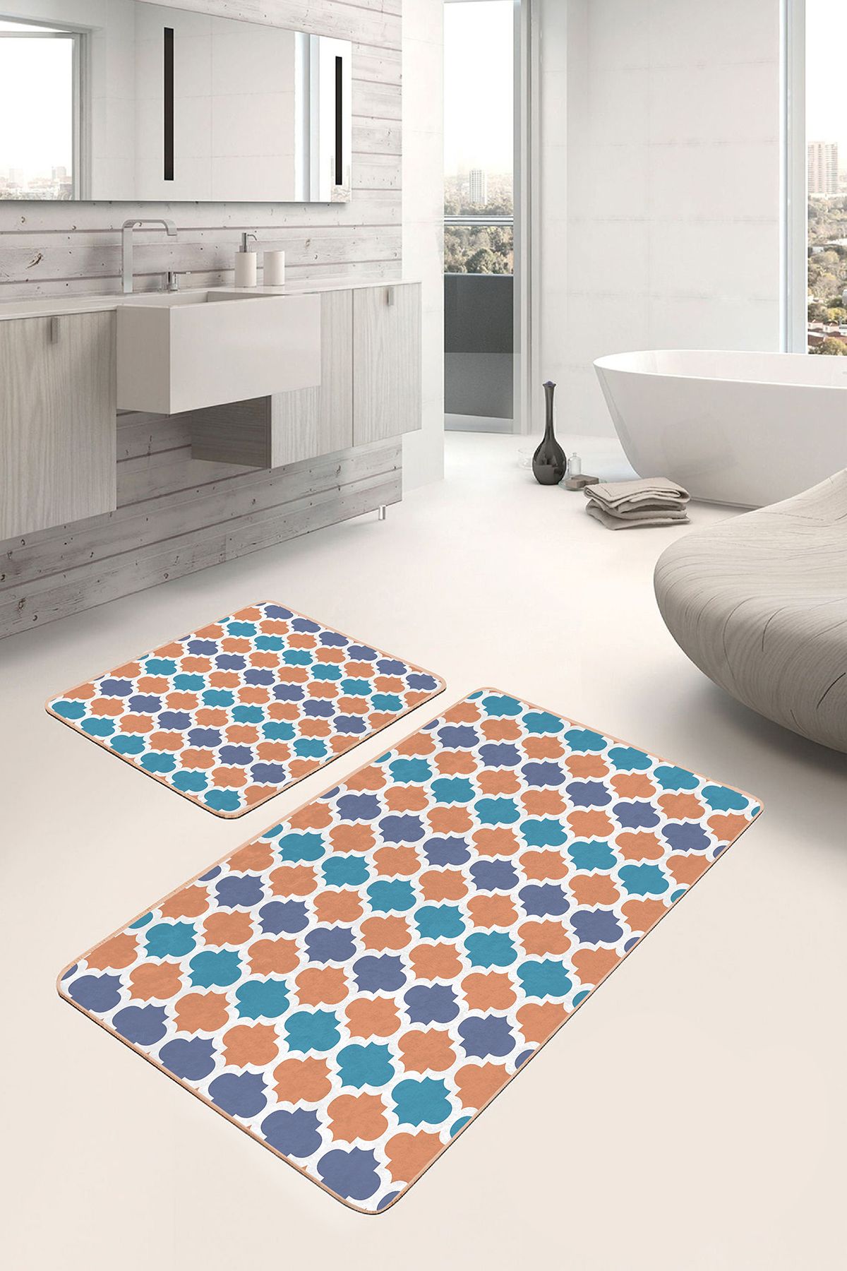 Realhomes 2'li Set Beyaz Zeminde Morrocan Motifli Ogea Desenli Geometrik Sade & Şık 2'li Banyo Paspas Takımı