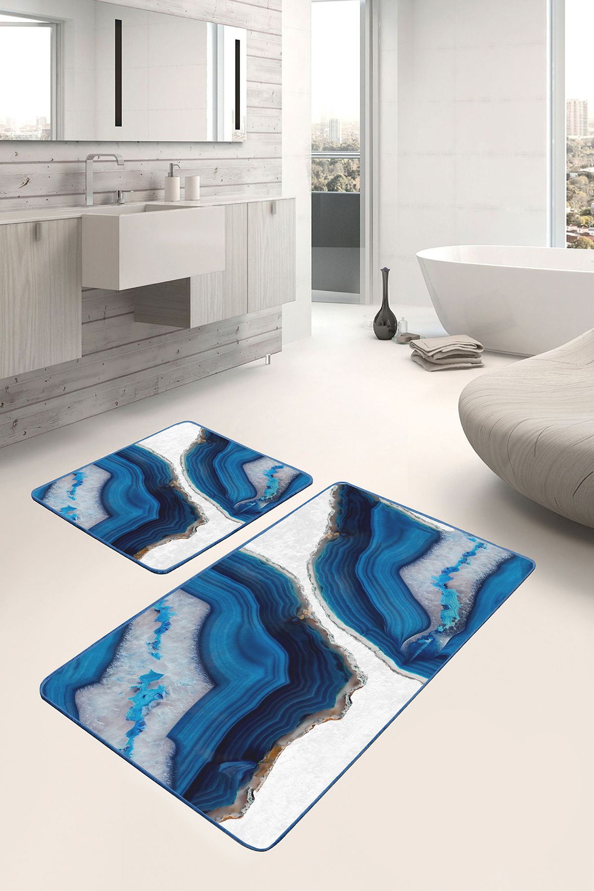 Realhomes Lacivert - Beyaz Zeminde Kanvas Motifli Boyama Modern Sade & Şık 2'li Banyo & Mutfak Paspas Takımı