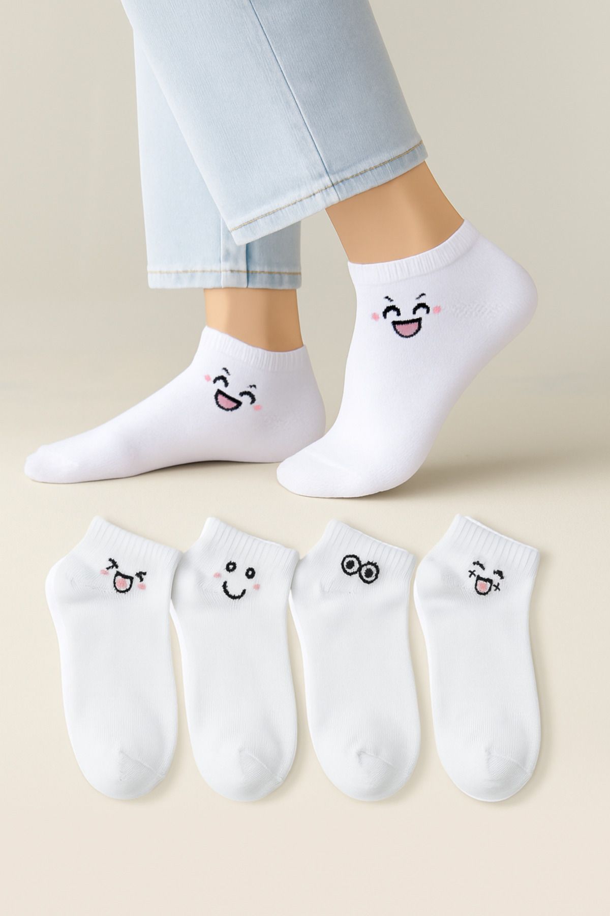 KaeLaurean Pamuklu Dikişsiz 4'lü Emoji Desenli Kadın Çorap