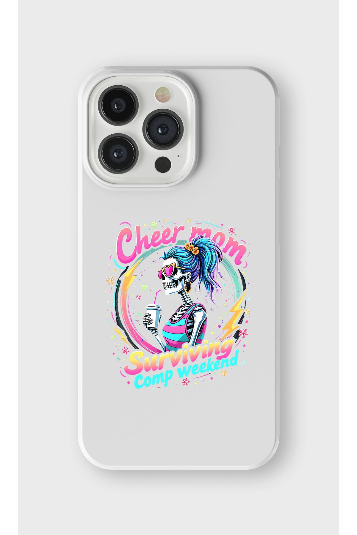 lelia iPhone 13 Pro Uyumlu Cheer Mom Renkli İskelet Tasarımlı İçi Kadife Lansman Beyaz Silikon Kılıf