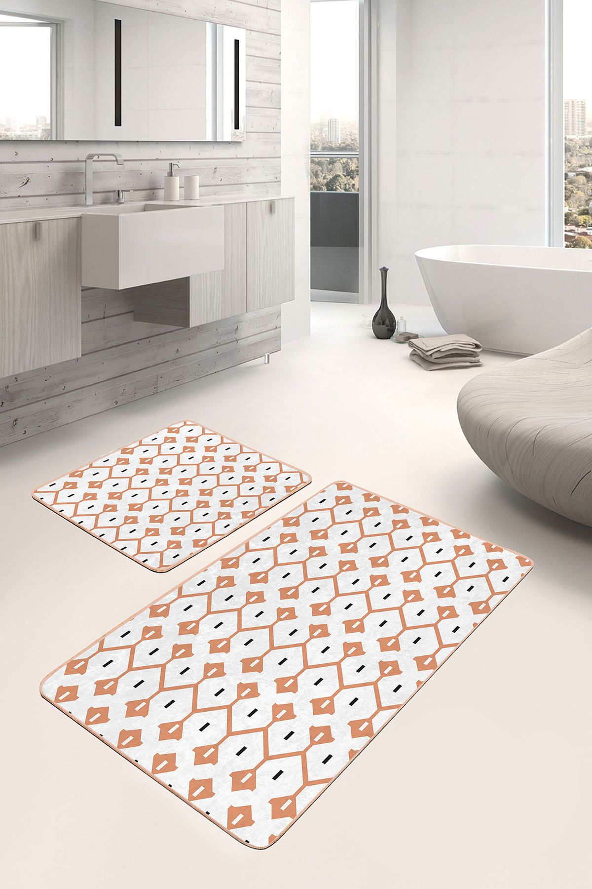 Realhomes 2'li Set Turuncu Zeminde Geleneksel Motifli Iskandinav Geometrik Klasik 2'li Banyo Paspas Takımı