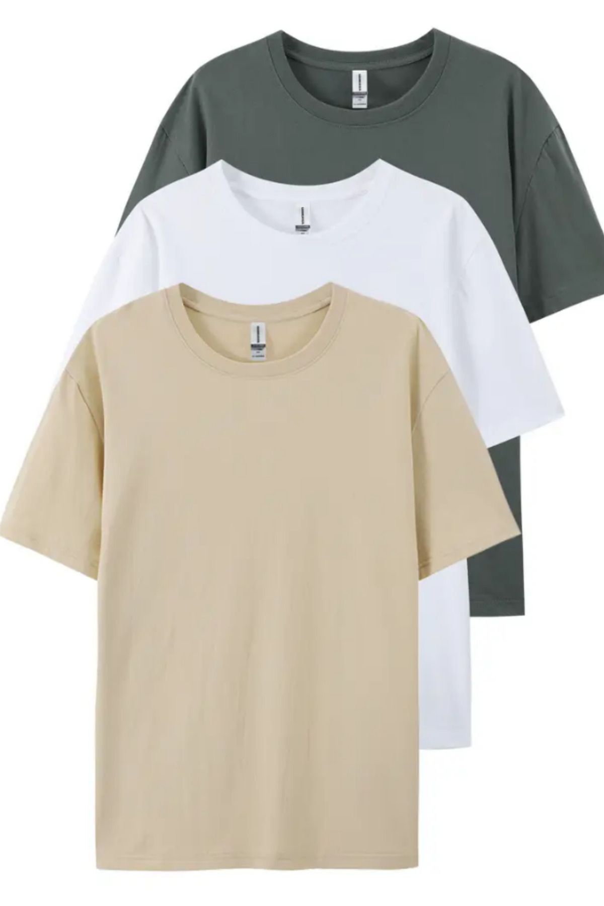 BLUE STREET Füme Beyaz Krem 3'lü Basic Bisiklet Yaka T-shirt