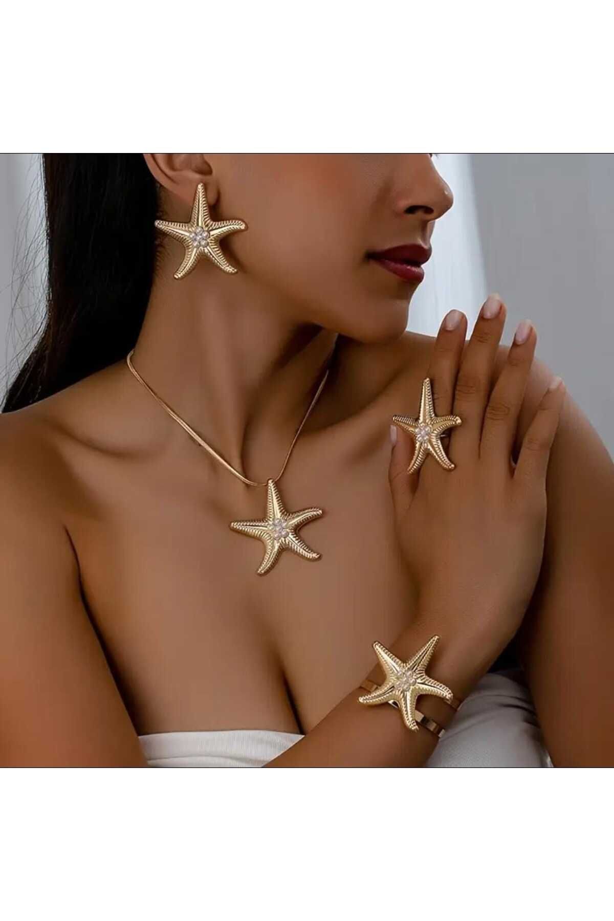 beynaaksesuar Gold Kaplamalı Deniz Yıldızı Bileklik, Küpe ,Kolye ve Yüzük Set Sevgiliye Hediye Anneye Hediye
