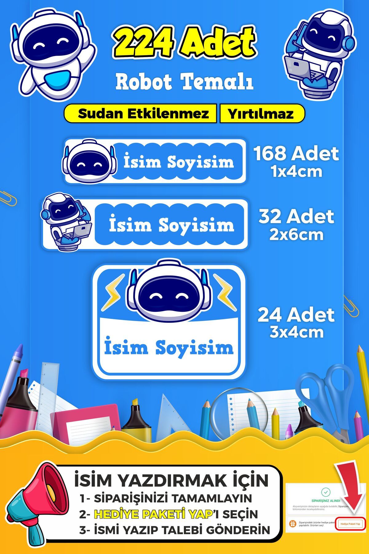 SB store Robot Temalı Okul Kreş Kişiye Özel isim Etiket Seti - Model 436