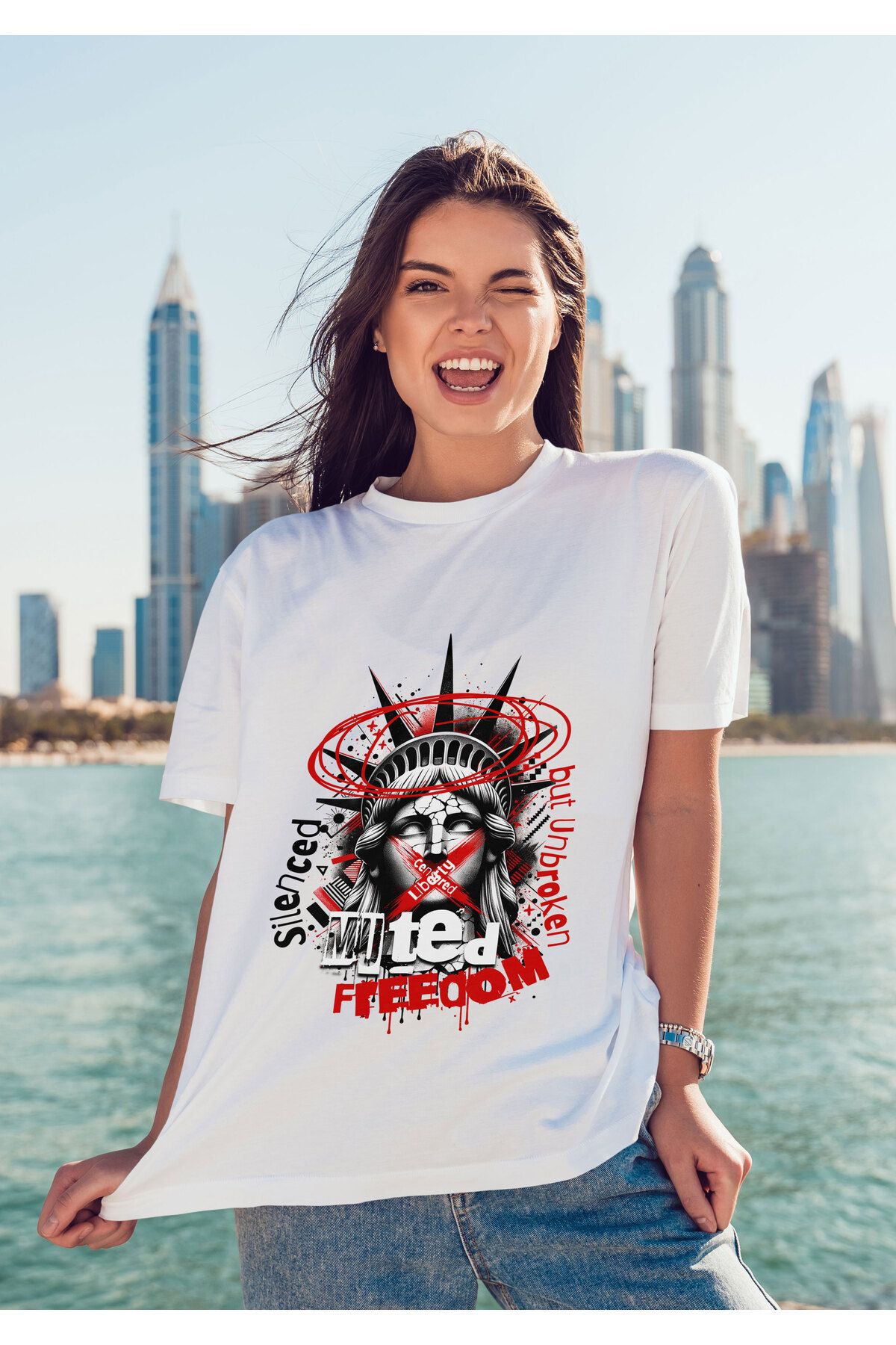 ELFAMİ Unisex Erkek/Kadın FREEDOM Renkli Özel Baskılı Oversize Pamuklu Bisiklet Yaka T-Shirt Tişört