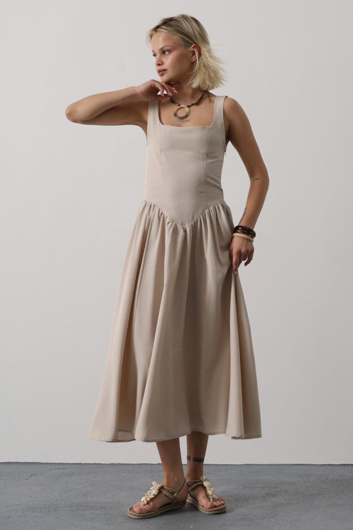 velmorafashion Askılı Uzun Elbise - Taş