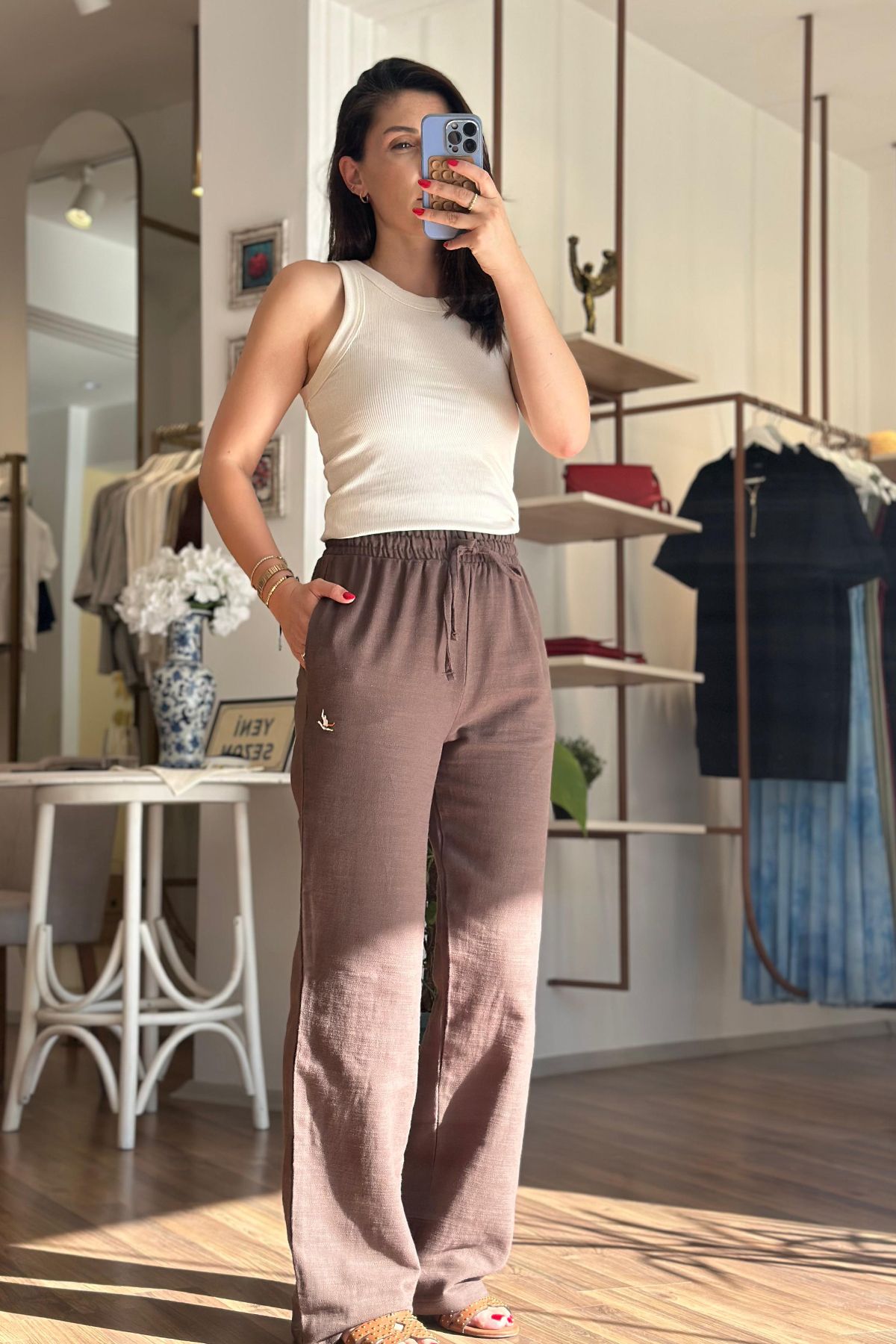 Unique Boutique Kahve Beli Lastikli Pamuklu Bol Baça Pantolon