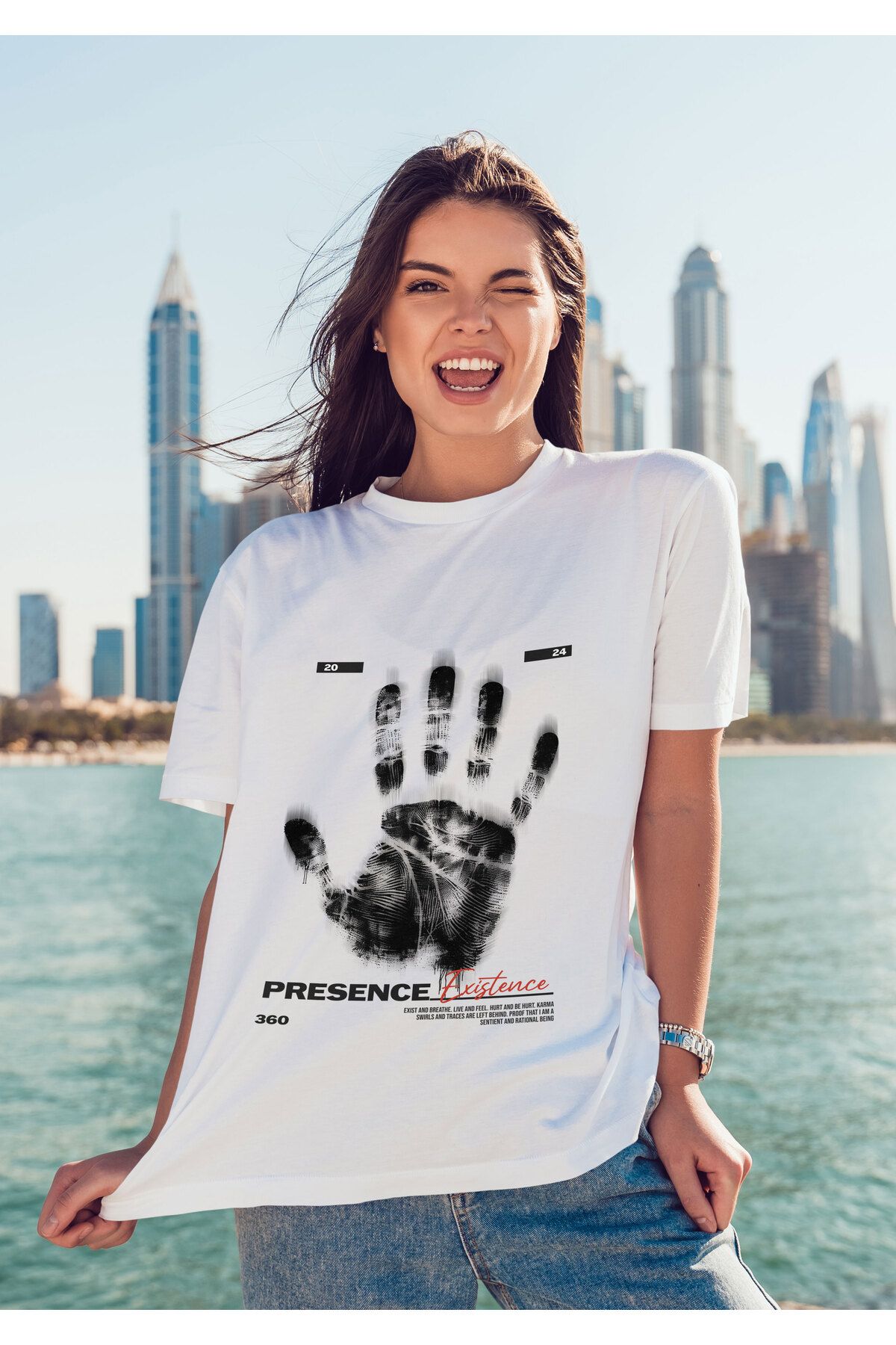 ELFAMİ Unisex Erkek/Kadın EXISTENCE Renkli Özel Baskılı Oversize Pamuklu Bisiklet Yaka T-Shirt Tişört