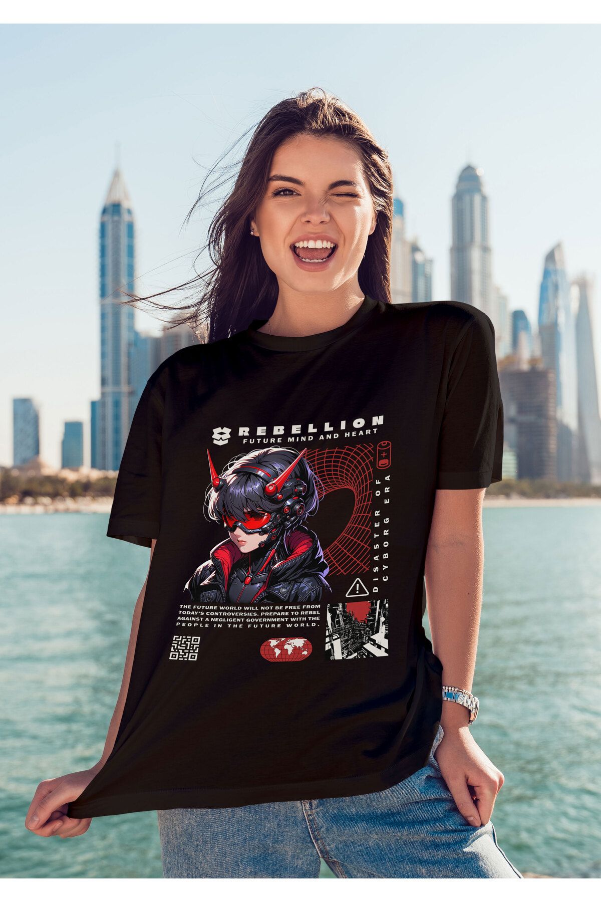 ELFAMİ Unisex Erkek/Kadın REBELLION Renkli Özel Baskılı Oversize Pamuklu Bisiklet Yaka T-Shirt Tişört