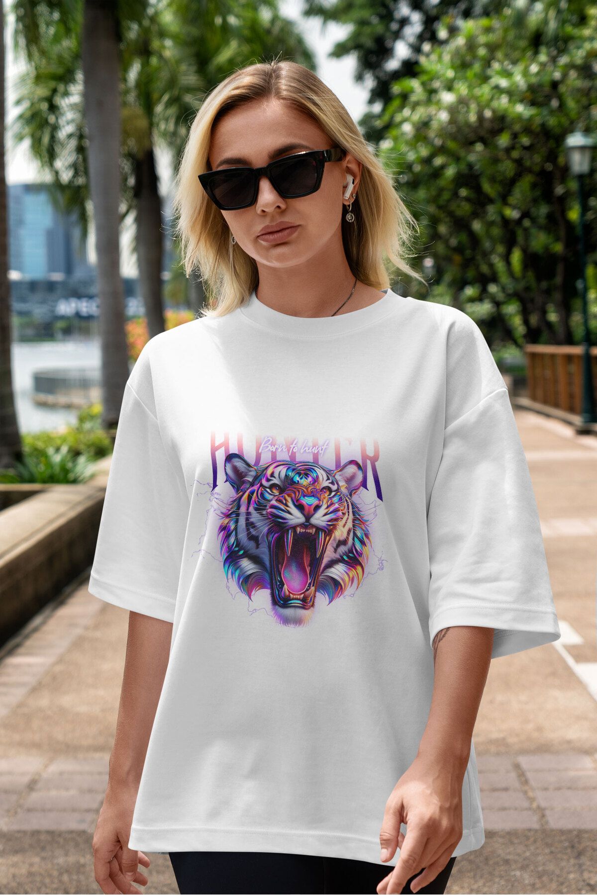 ELFAMİ Unisex Erkek/Kadın HUNTER Renkli Özel Baskılı Oversize Pamuklu Bisiklet Yaka T-Shirt Tişört