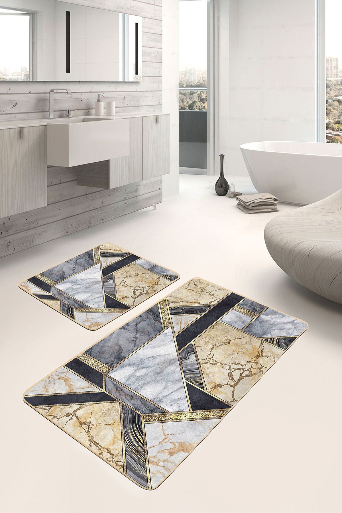 Realhomes 2'li Set Gold Siyah Zeminde Modern Motifli Mermer Desenli Geometrik Modern 2'li Banyo Paspas Takımı