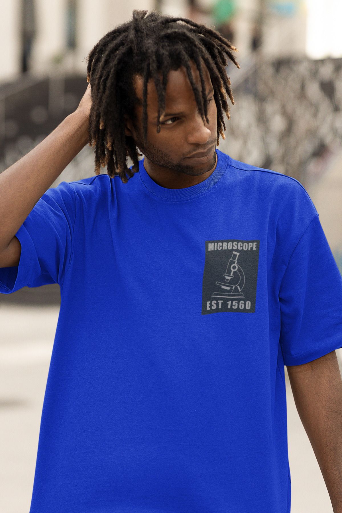 Uniquetex NUBENSE / MİKSE-05 - Oversize Unisex Mikroskop Baskılı Sax Mavi Bisiklet Yaka T-shirt (Bilim Tişört)