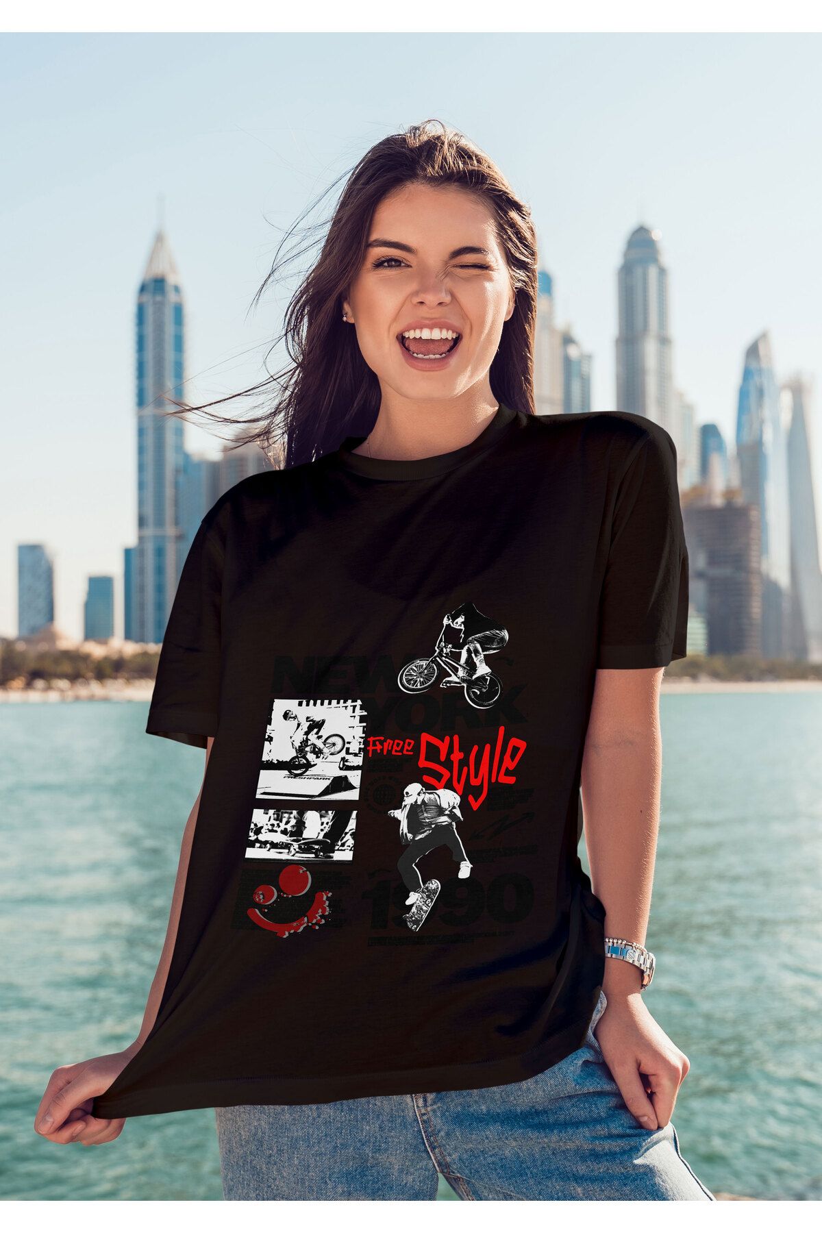 ELFAMİ Unisex Erkek/Kadın NEWYORK Renkli Özel Baskılı Oversize Pamuklu Bisiklet Yaka T-Shirt Tişört