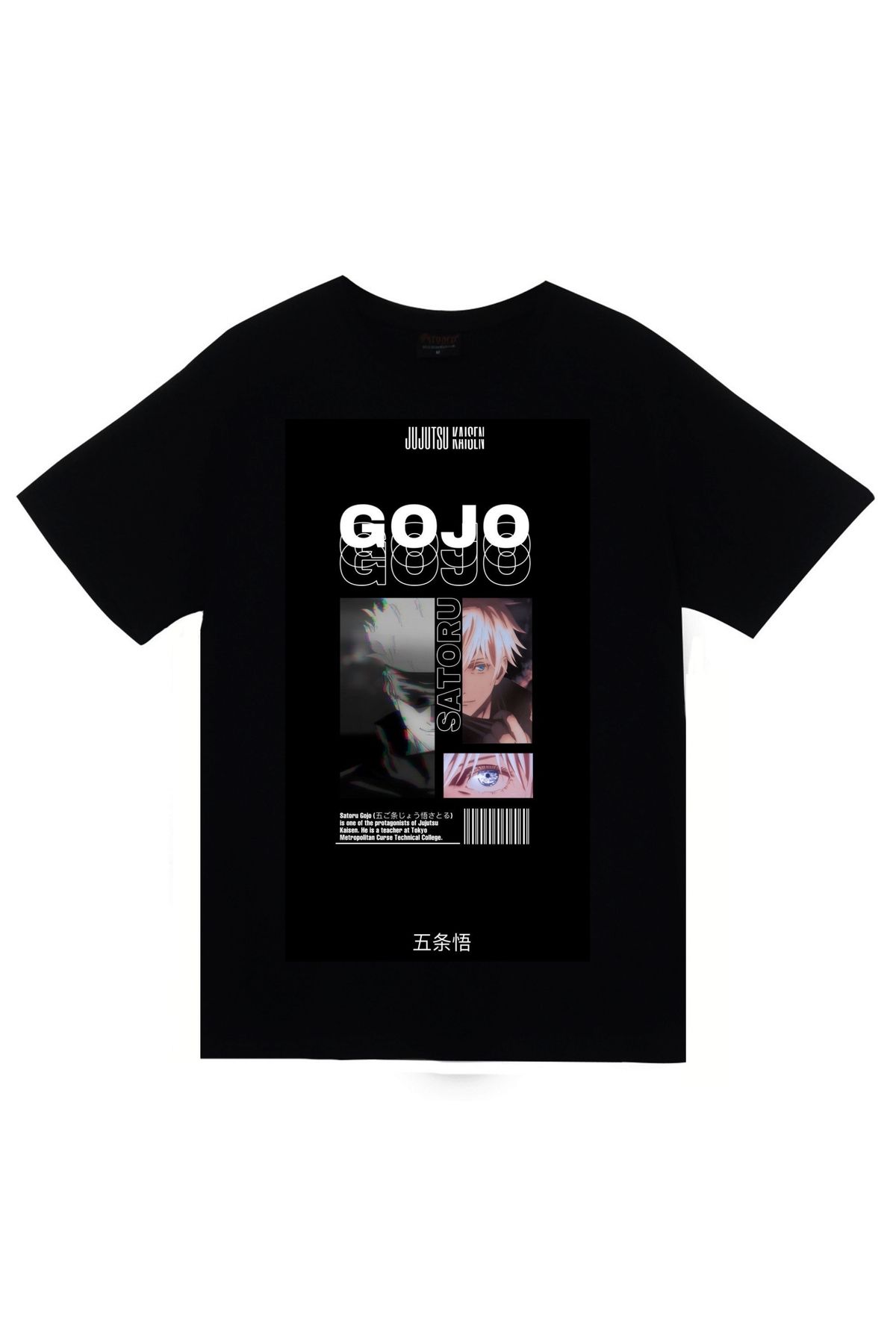 fame-stoned KOPYA - Jujutsu Kaisen Satoru Gojo Anime Baskılı Unisex %100 Pamuk Siyah T-shirt