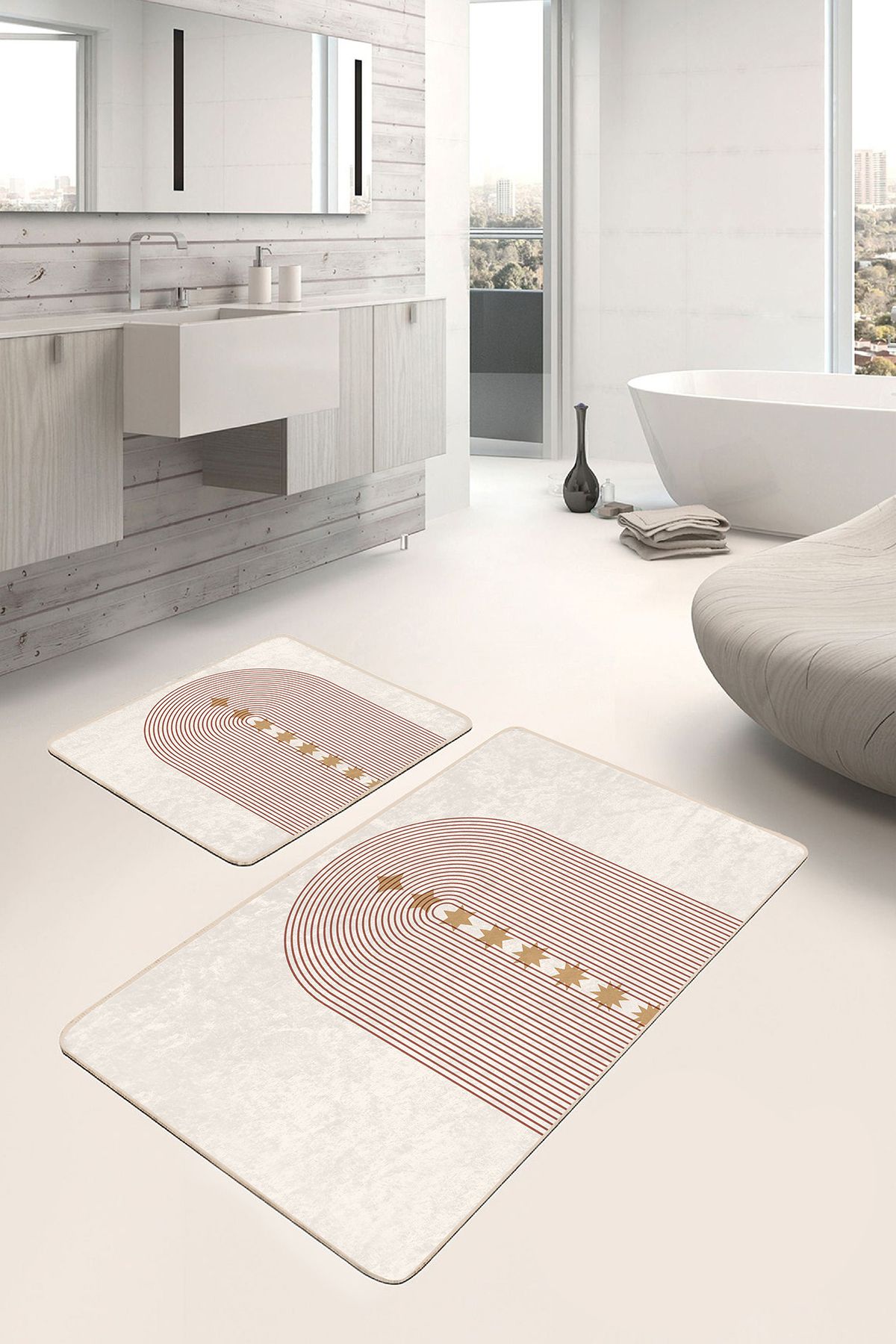 Realhomes 2'li Set Krem - Kahverengi Zeminde Bohem Motifli Tablo Geometrik Bohem 2'li Banyo Paspas Takımı