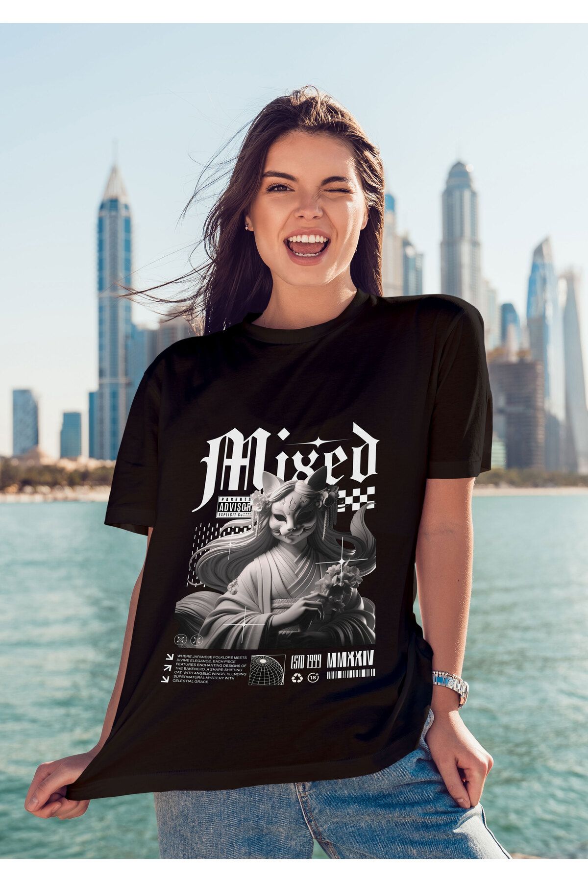 ELFAMİ Unisex Erkek/Kadın MIXED Renkli Özel Baskılı Oversize Pamuklu Bisiklet Yaka T-Shirt Tişört